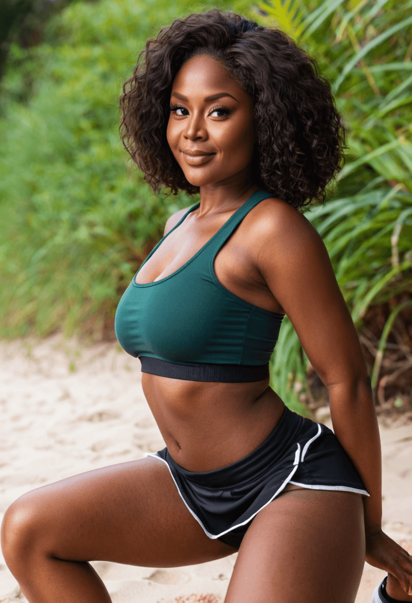 Wearing short black tennis skirt and a crop top shirt, portrait picture, looking at the viewer with a smile, wearing a stylish bikini on the beach, squatting position, athletic pose, working out at the gym, athletic activity, in a lush green forest