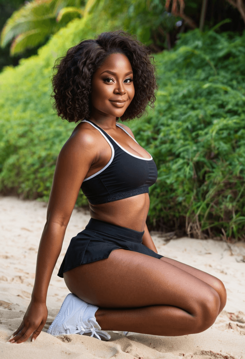 Wearing short black tennis skirt and a crop top shirt, portrait picture, looking at the viewer with a smile, wearing a stylish bikini on the beach, squatting position, athletic pose, working out at the gym, athletic activity, in a lush green forest