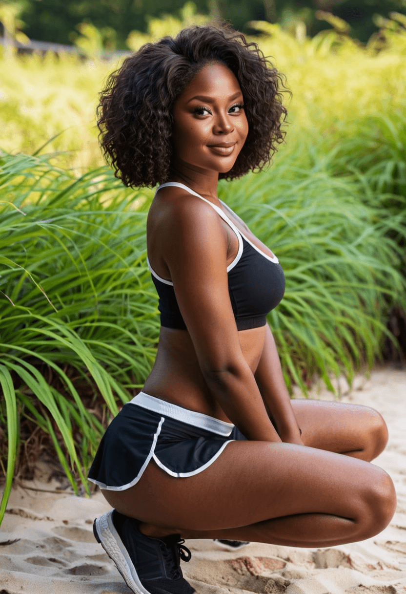 Wearing short black tennis skirt and a crop top shirt, portrait picture, looking at the viewer with a smile, wearing a stylish bikini on the beach, squatting position, athletic pose, working out at the gym, athletic activity, in a lush green forest