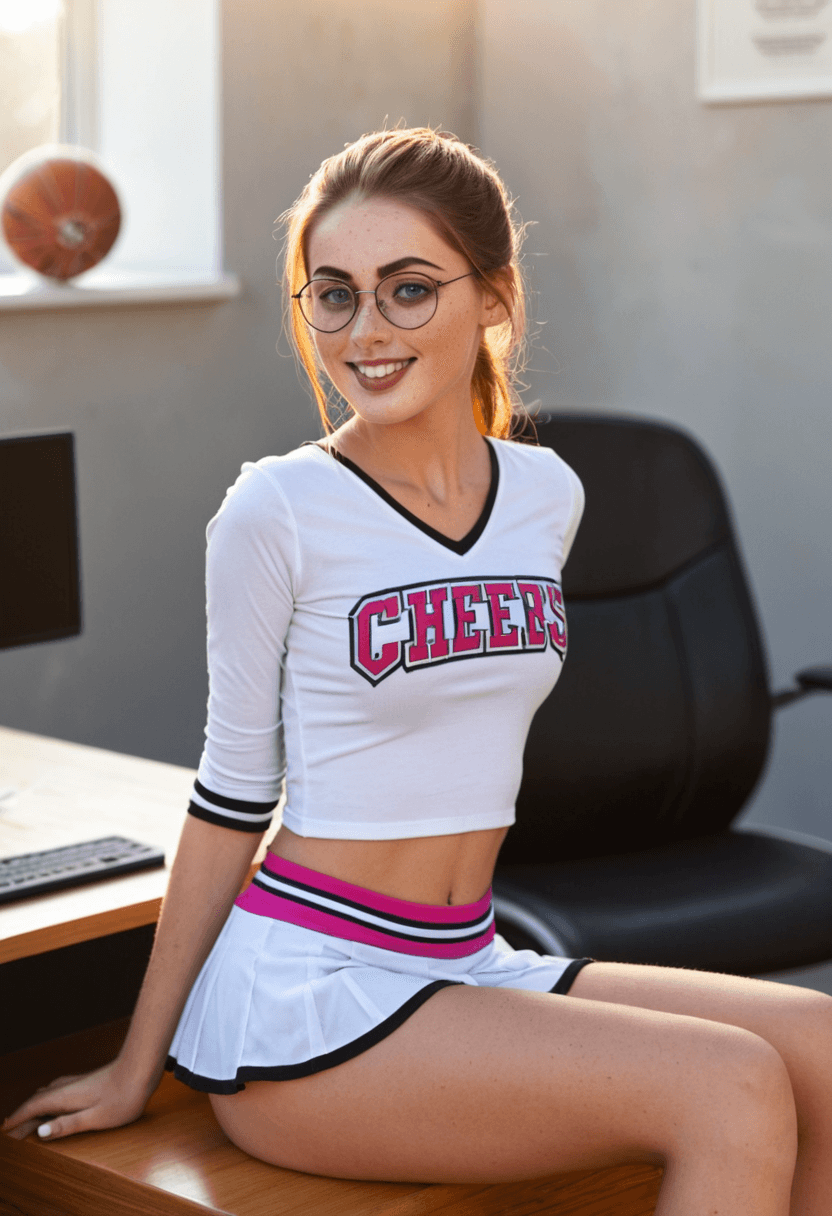 18-year-old caucasian woman, fit body, medium breasts, medium butt, freckles, glasses, realistic style, full body view, sitting at a desk in cheerleader outfit with short skirt, spreading her legs slightly, under the desk view between her legs, pink cotton panties visible, detailed face, natural lighting, high resolution, photorealistic