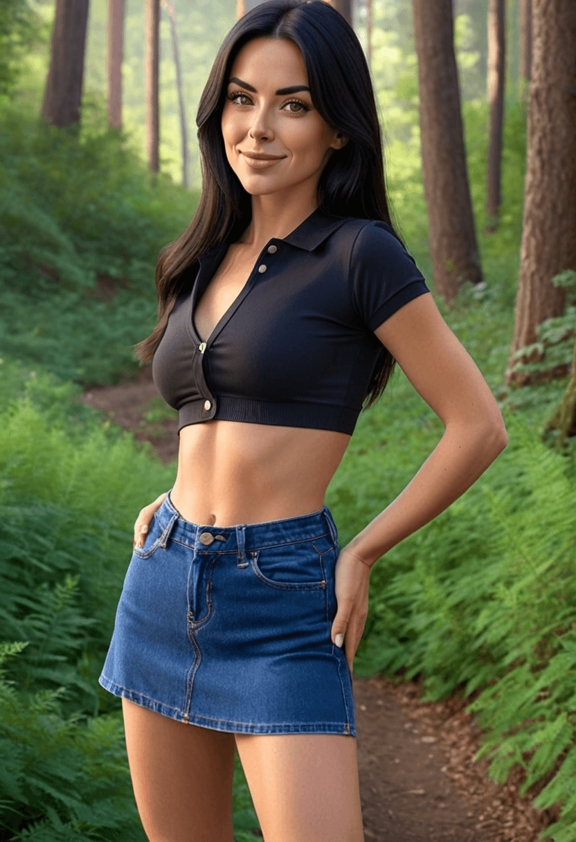 Wearing short black tennis skirt and a crop top shirt, portrait picture, looking at the viewer with a smile, standing confidently, full body shot, wearing fitted blue jeans, in a lush green forest
