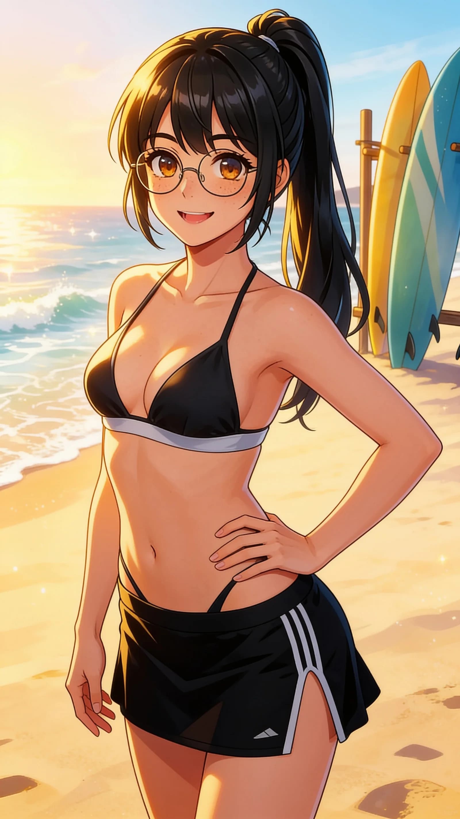 anime style, 2D cel-shaded anime illustration, anime key visual, flat cel shading, clean bold line art, vibrant saturated colors, large detailed expressive anime eyes with crisp catchlights, flat 2D rendering, not photorealistic, not 3D render, 21-year-old Asian woman with fit body type, black hair in ponytail, brown eyes, freckles across cheeks, wearing glasses, standing on a sunny beach in a stylish revealing bikini with short black tennis skirt over the bikini bottom and a cropped bikini top, centered in vertical 9:16 portrait framing from head to mid-thigh, direct eye contact with the viewer and warm friendly smile with parted lips, relaxed confident pose with one hand on hip, bright golden-hour sunlight casting vibrant highlights and soft shadows across skin and fabric folds, detailed anime cel shading, crisp clean linework, correct anatomy, hands cleanly drawn with five fingers, studio-quality anime key visual; avoid: photorealistic, 3D render, extra fingers, deformed hands, blurry, low detail.