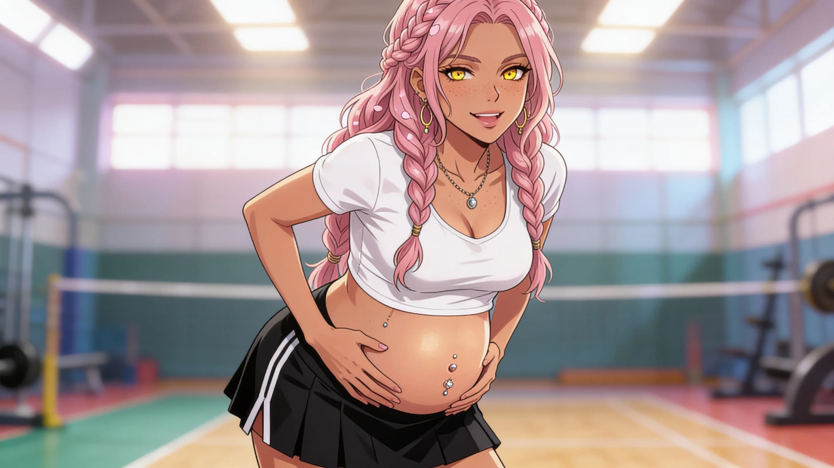 22-year-old Arabic skinny woman with pink braids, yellow eyes, freckles across her nose and cheeks, heavily pregnant with a prominent rounded belly adorned with shiny belly piercings, wearing a tight white crop top shirt that strains against her swollen breasts and exposes her midriff and a short black tennis skirt hugging her hips, portrait medium close-up from a straight-on eye-level camera angle, standing with hips slightly cocked and hands resting on her pregnant belly, body leaning forward subtly with natural breast lift and gentle underboob curve from the crop top, soft skin sheen on her exposed belly and collarbone, light blush marks on cheeks, smiling warmly at the viewer with direct intense eye contact and parted lips conveying playful joy, vibrant indoor gym setting with soft diffused lighting from overhead windows casting gentle shadows on her form, natural fabric folds on the skirt and top, anime style, high-quality illustration, flawless anatomy, no extra digits, no extra limbs, detailed anime shading, high-quality illustration.