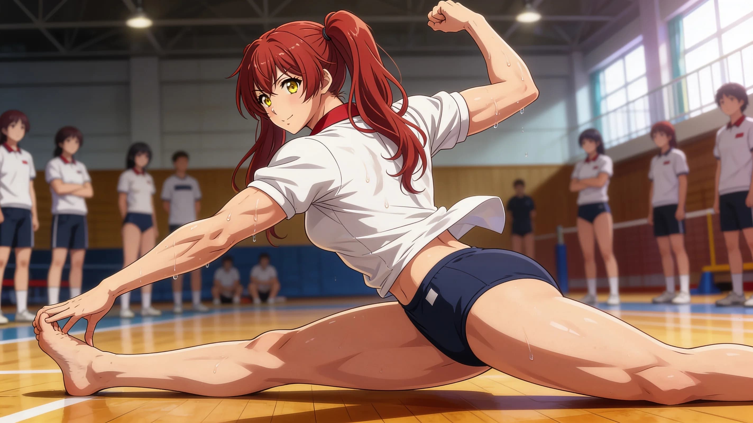 A 25-year-old Asian woman with red pigtails, yellow eyes, muscular body type and visible pubic hair, standing confidently in a school gymnasium while teaching gym class, wearing a proper Japanese gym uniform with natural folds and flow, dynamic athletic pose demonstrating an exercise with arms raised and legs positioned wide, medium close-up from front angle, intense direct eye contact with the viewer showing energetic confidence and determination, lips parted, vibrant atmospheric lighting with sweat drops on skin sheen and subtle blush marks, body physics with firm breast position, anime style, high-quality illustration. Flawless anatomy, no extra digits, no extra limbs, detailed anime shading, high-quality illustration.