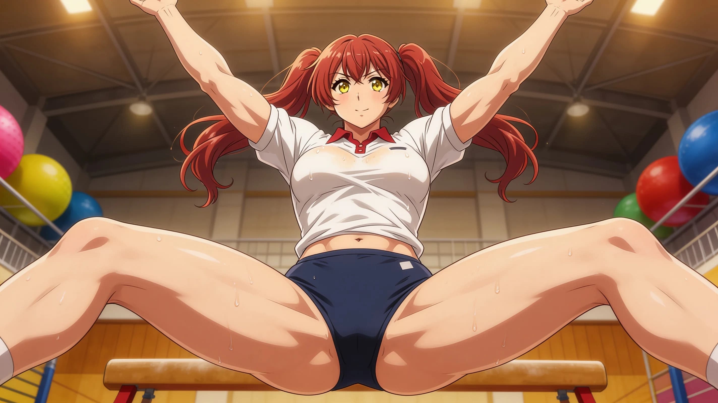 A 25-year-old Asian woman with red pigtails, yellow eyes, muscular body type and visible pubic hair, standing confidently in a school gymnasium while teaching gym class, wearing a proper Japanese gym uniform with natural folds and flow, dynamic athletic pose demonstrating an exercise with arms raised and legs positioned wide, medium close-up from front angle, intense direct eye contact with the viewer showing energetic confidence and determination, lips parted, vibrant atmospheric lighting with sweat drops on skin sheen and subtle blush marks, body physics with firm breast position, anime style, high-quality illustration. Flawless anatomy, no extra digits, no extra limbs, detailed anime shading, high-quality illustration.