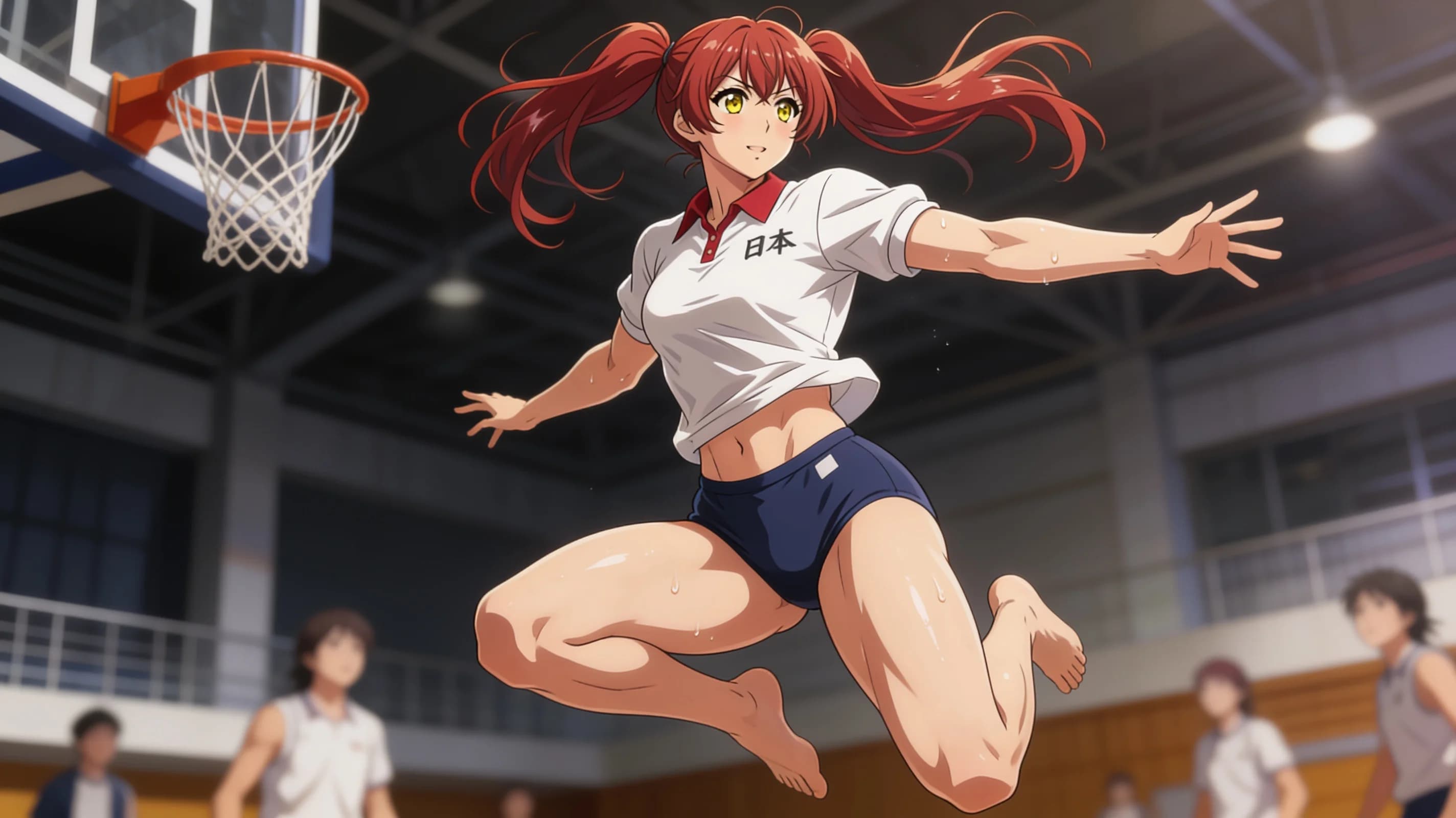 A 25-year-old Asian woman with red pigtails, yellow eyes, muscular body type and visible pubic hair, standing confidently in a school gymnasium while teaching gym class, wearing a proper Japanese gym uniform with natural folds and flow, dynamic athletic pose demonstrating an exercise with arms raised and legs positioned wide, medium close-up from front angle, intense direct eye contact with the viewer showing energetic confidence and determination, lips parted, vibrant atmospheric lighting with sweat drops on skin sheen and subtle blush marks, body physics with firm breast position, anime style, high-quality illustration. Flawless anatomy, no extra digits, no extra limbs, detailed anime shading, high-quality illustration.