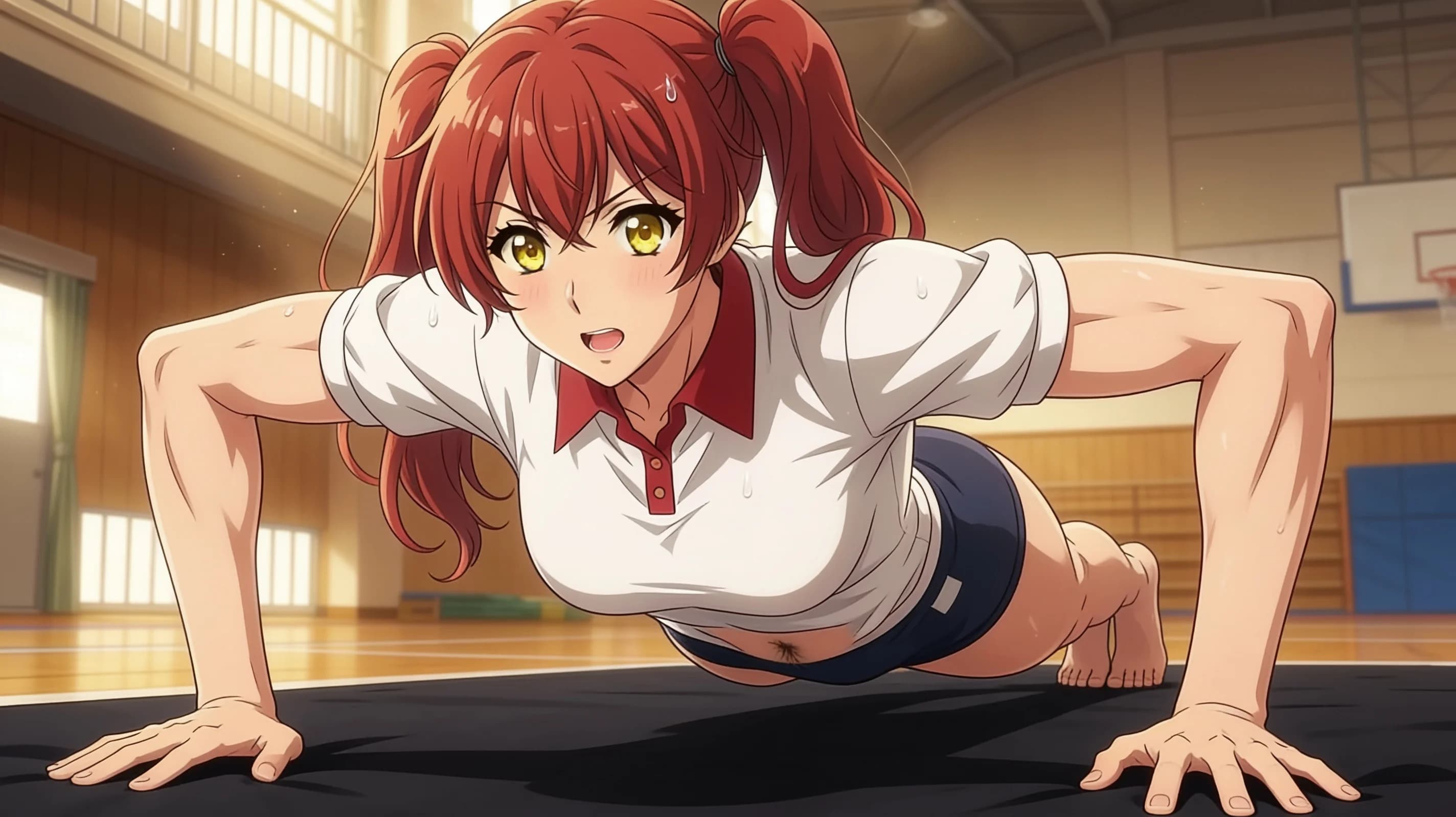 A 25-year-old Asian woman with red pigtails, yellow eyes, muscular body type and visible pubic hair, standing confidently in a school gymnasium while teaching gym class, wearing a proper Japanese gym uniform with natural folds and flow, dynamic athletic pose demonstrating an exercise with arms raised and legs positioned wide, medium close-up from front angle, intense direct eye contact with the viewer showing energetic confidence and determination, lips parted, vibrant atmospheric lighting with sweat drops on skin sheen and subtle blush marks, body physics with firm breast position, anime style, high-quality illustration. Flawless anatomy, no extra digits, no extra limbs, detailed anime shading, high-quality illustration.