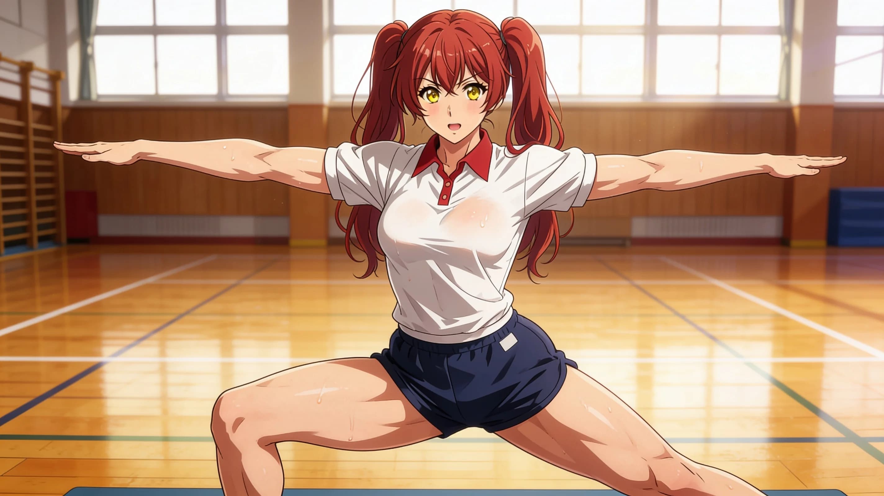 A 25-year-old Asian woman with red pigtails, yellow eyes, muscular body type and visible pubic hair, standing confidently in a school gymnasium while teaching gym class, wearing a proper Japanese gym uniform with natural folds and flow, dynamic athletic pose demonstrating an exercise with arms raised and legs positioned wide, medium close-up from front angle, intense direct eye contact with the viewer showing energetic confidence and determination, lips parted, vibrant atmospheric lighting with sweat drops on skin sheen and subtle blush marks, body physics with firm breast position, anime style, high-quality illustration. Flawless anatomy, no extra digits, no extra limbs, detailed anime shading, high-quality illustration.