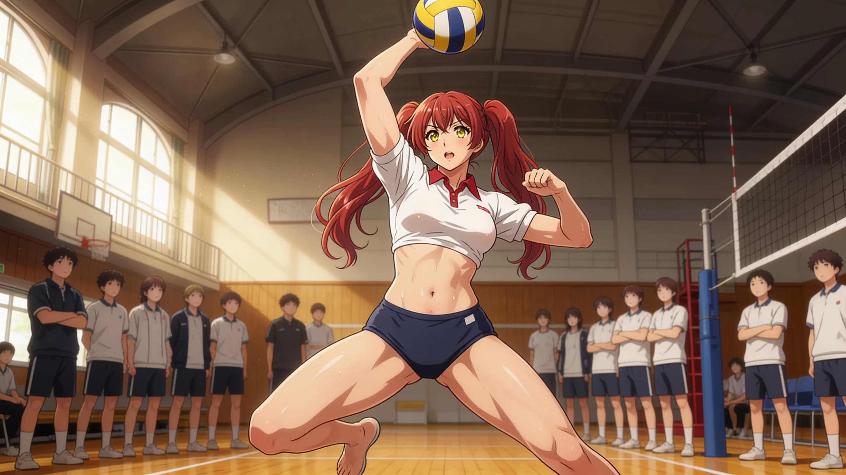 A 25-year-old Asian woman with red pigtails, yellow eyes, muscular body type and visible pubic hair, standing confidently in a school gymnasium while teaching gym class, wearing a proper Japanese gym uniform with natural folds and flow, dynamic athletic pose demonstrating an exercise with arms raised and legs positioned wide, medium close-up from front angle, intense direct eye contact with the viewer showing energetic confidence and determination, lips parted, vibrant atmospheric lighting with sweat drops on skin sheen and subtle blush marks, body physics with firm breast position, anime style, high-quality illustration. Flawless anatomy, no extra digits, no extra limbs, detailed anime shading, high-quality illustration.