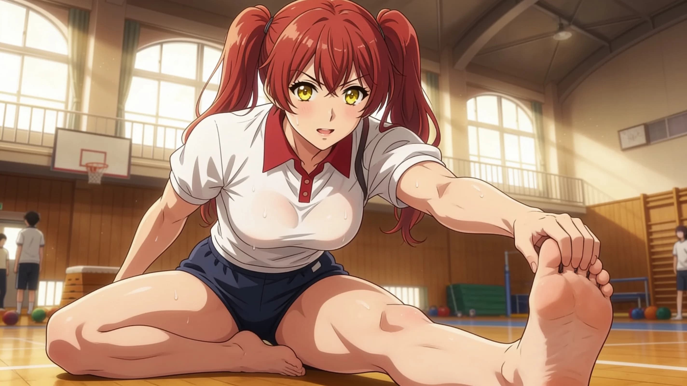 A 25-year-old Asian woman with red pigtails, yellow eyes, muscular body type and visible pubic hair, standing confidently in a school gymnasium while teaching gym class, wearing a proper Japanese gym uniform with natural folds and flow, dynamic athletic pose demonstrating an exercise with arms raised and legs positioned wide, medium close-up from front angle, intense direct eye contact with the viewer showing energetic confidence and determination, lips parted, vibrant atmospheric lighting with sweat drops on skin sheen and subtle blush marks, body physics with firm breast position, anime style, high-quality illustration. Flawless anatomy, no extra digits, no extra limbs, detailed anime shading, high-quality illustration.