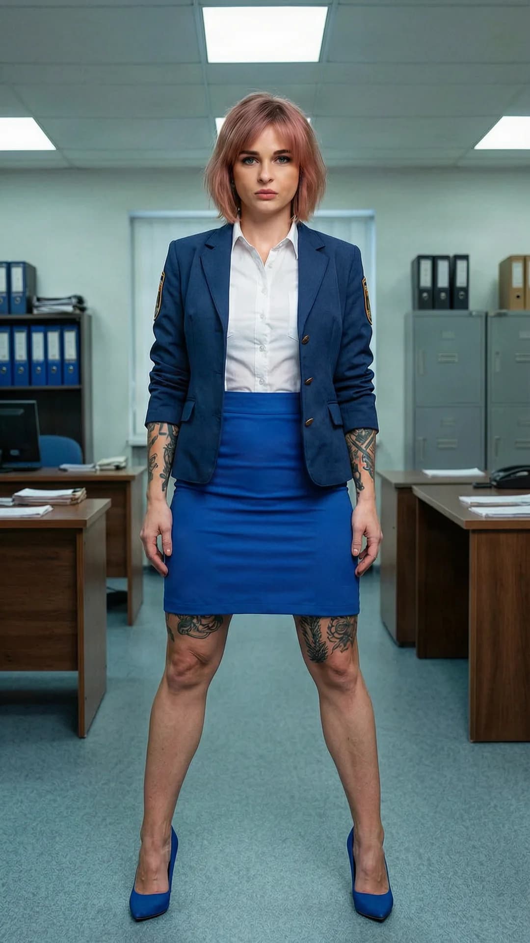 A 30-year-old Caucasian woman with short pink hair, blue eyes, muscular build, visible tattoos on her arms and thighs, standing in a Russian police office full body frontal view from eye-level angle, wearing a Russian-style police uniform with a blue skirt hemmed slightly above the knees, white buttoned shirt tucked in, blue police jacket, and blue heels, legs slightly apart in a confident stance, direct intense eye contact with the viewer showing stern professional authority, short pink hair neatly styled, realistic lighting from overhead office fluorescents casting soft shadows, muscular body tension and skin sheen visible, detailed police station background with desks and filing cabinets, flawless anatomy, no extra digits, no extra limbs, realistic skin texture, high-detail.