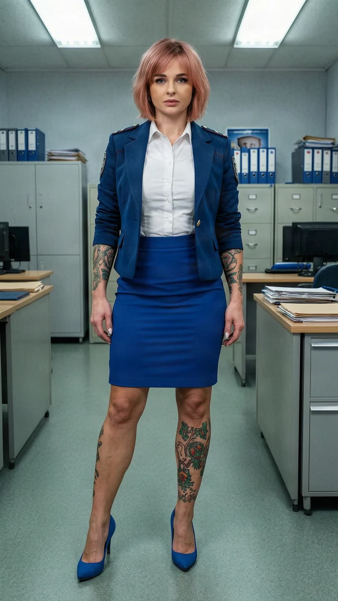 A 30-year-old Caucasian woman with short pink hair, blue eyes, muscular build, visible tattoos on her arms and thighs, standing in a Russian police office full body frontal view from eye-level angle, wearing a Russian-style police uniform with a blue skirt hemmed slightly above the knees, white buttoned shirt tucked in, blue police jacket, and blue heels, direct intense eye contact with the viewer showing stern professional authority, short pink hair neatly styled, realistic lighting from overhead office fluorescents casting soft shadows, muscular body tension and skin sheen visible, detailed police station background with desks and filing cabinets, flawless anatomy, no extra digits, no extra limbs, realistic skin texture, high-detail.