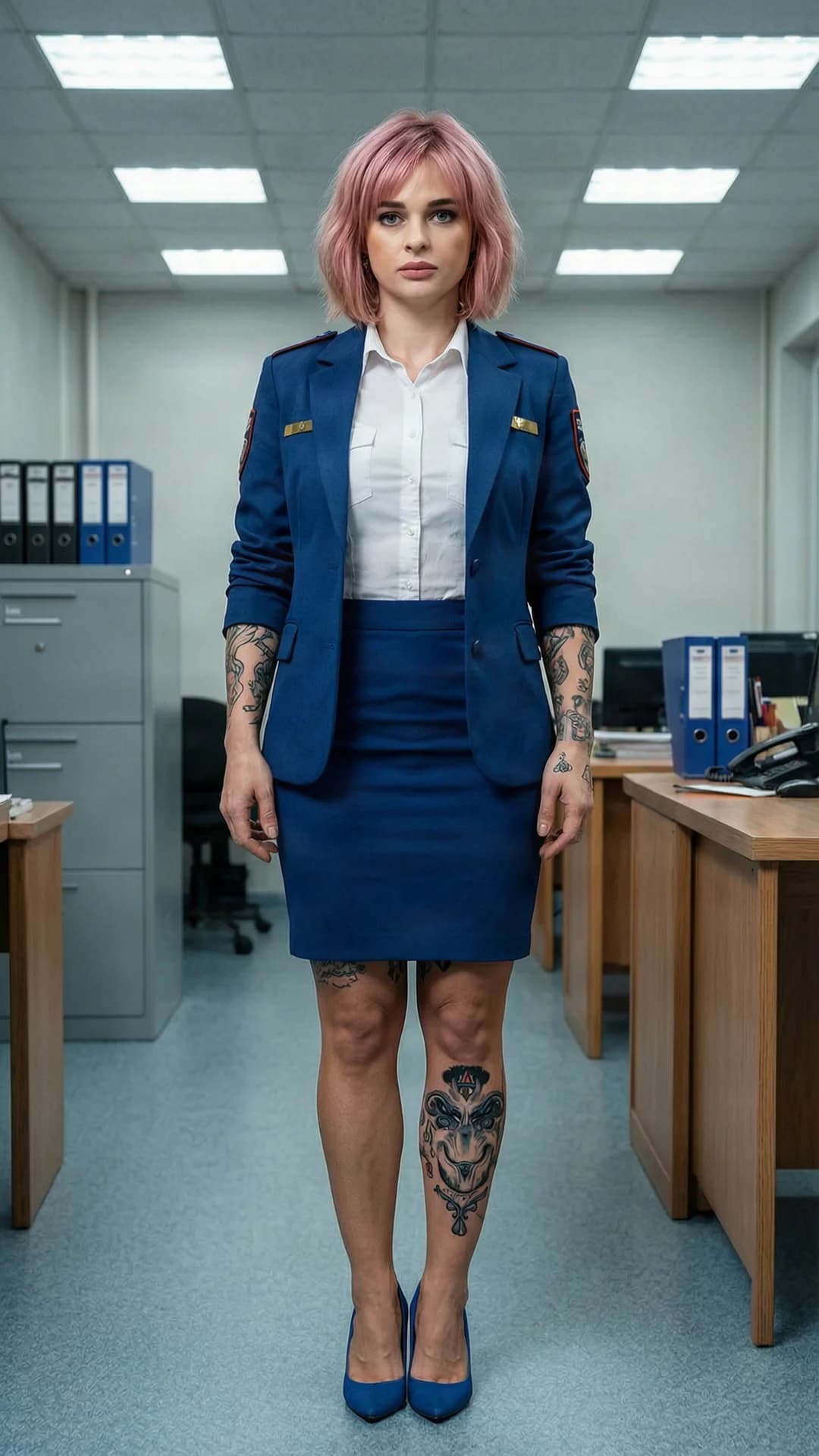 A 30-year-old Caucasian woman with short pink hair, blue eyes, muscular build, visible tattoos on her arms and thighs, standing in a Russian police office full body frontal view from eye-level angle, wearing a Russian-style police uniform with a blue skirt hemmed slightly above the knees, white buttoned shirt tucked in, blue police jacket, and blue heels, direct intense eye contact with the viewer showing stern professional authority, short pink hair neatly styled, realistic lighting from overhead office fluorescents casting soft shadows, muscular body tension and skin sheen visible, detailed police station background with desks and filing cabinets, flawless anatomy, no extra digits, no extra limbs, realistic skin texture, high-detail.