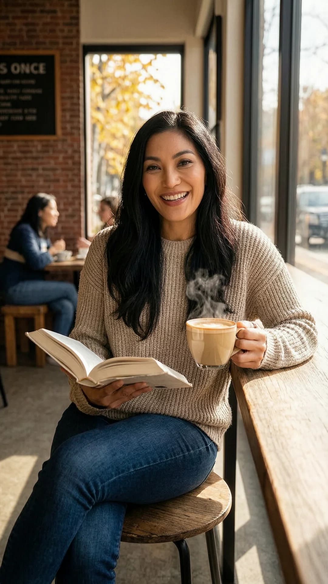 42-year-old Asian woman with long black hair, green eyes and fit body type, wearing fitted jeans and a cozy oversized sweater, sitting relaxed at a wooden table in a trendy coffee shop while holding an open book in one hand and a steaming latte in the other, natural sunlight streaming through large windows casting warm autumn light across the scene, genuine laughing expression with direct eye contact and joyful warmth, comfortable approachable vibe, casual lifestyle photography, medium close-up from a slight three-quarter angle, body leaning back naturally against the chair with relaxed posture, flawless anatomy, no extra digits, no extra limbs, realistic skin texture, high-detail.