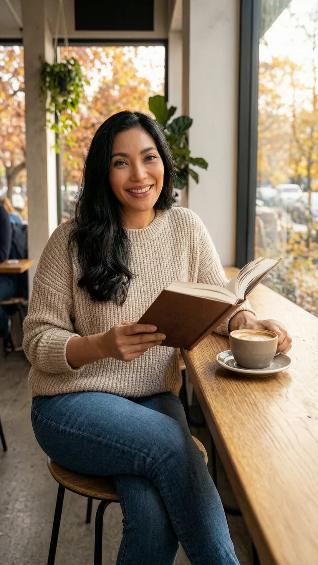 42-year-old Asian woman with long black hair, green eyes and fit body type, wearing fitted jeans and a cozy oversized sweater, sitting relaxed at a wooden table in a trendy coffee shop while holding an open book in one hand and a steaming latte in the other, natural sunlight streaming through large windows casting warm autumn light across the scene, genuine laughing expression with direct eye contact and joyful warmth, comfortable approachable vibe, casual lifestyle photography, medium close-up from a slight three-quarter angle, body leaning back naturally against the chair with relaxed posture, flawless anatomy, no extra digits, no extra limbs, realistic skin texture, high-detail.