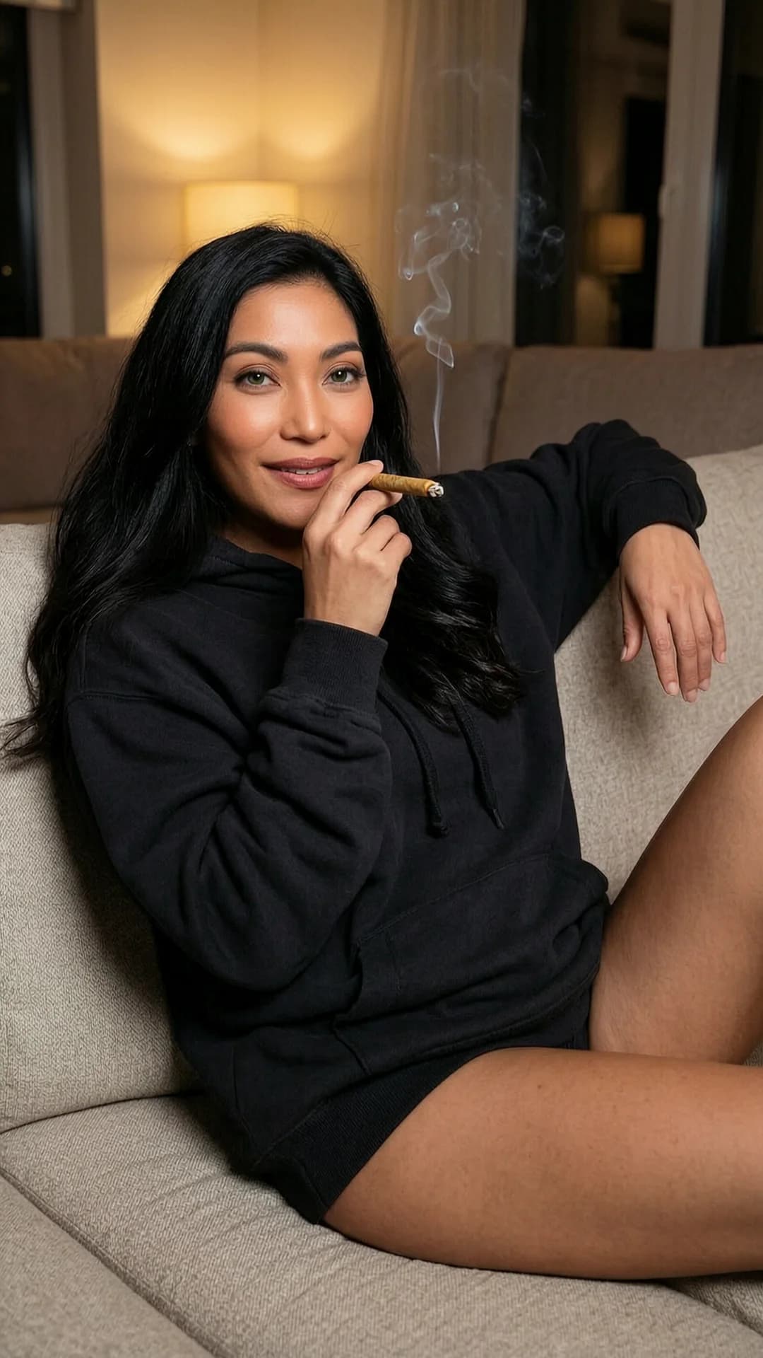 A 42-year-old Asian woman with long black hair, green eyes, and a fit body type, casually lounging on a large modern couch in a dimly lit living room, wearing nothing but an oversized black hoodie that drapes loosely over her shoulders and hips with bare legs extended, holding a lit blunt between her fingers with a thin trail of smoke curling upward, relaxed pose with one arm draped over the couch back and knees slightly bent, soft warm ambient lighting casting gentle shadows across her skin, direct eye contact with the viewer and a gentle contented smile, lips parted around the blunt, realistic style, medium close-up from a frontal eye-level angle, body physics with natural hoodie fabric folds and relaxed muscle tone, Flawless anatomy, no extra digits, no extra limbs, realistic skin texture, high-detail.