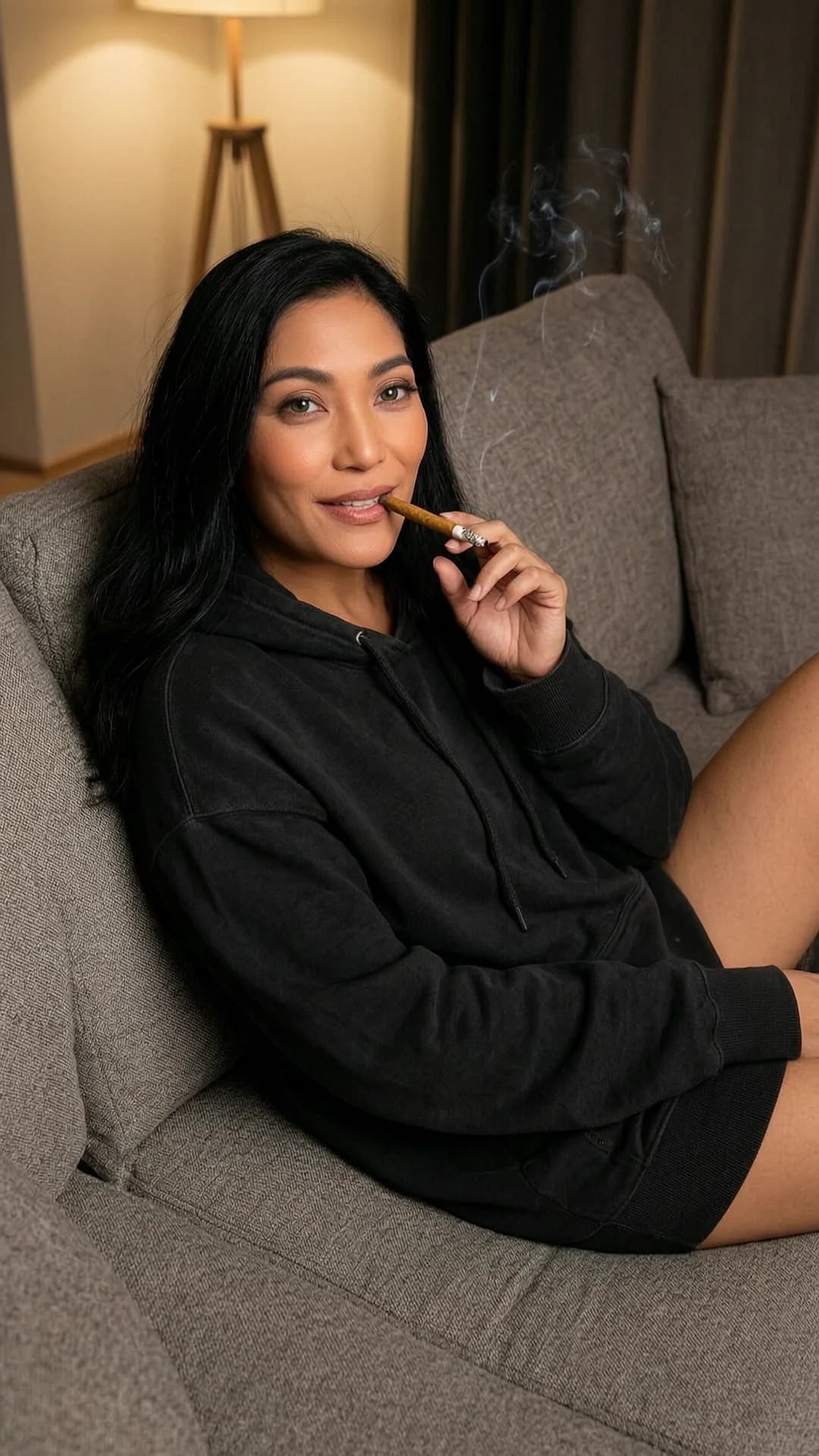 A 42-year-old Asian woman with long black hair, green eyes, and a fit body type, casually lounging on a large modern couch in a dimly lit living room, wearing nothing but an oversized black hoodie that drapes loosely over her shoulders and hips with bare legs extended, holding a lit blunt between her fingers with a thin trail of smoke curling upward, relaxed pose with one arm draped over the couch back and knees slightly bent, soft warm ambient lighting casting gentle shadows across her skin, direct eye contact with the viewer and a gentle contented smile, lips parted around the blunt, realistic style, medium close-up from a frontal eye-level angle, body physics with natural hoodie fabric folds and relaxed muscle tone, Flawless anatomy, no extra digits, no extra limbs, realistic skin texture, high-detail.
