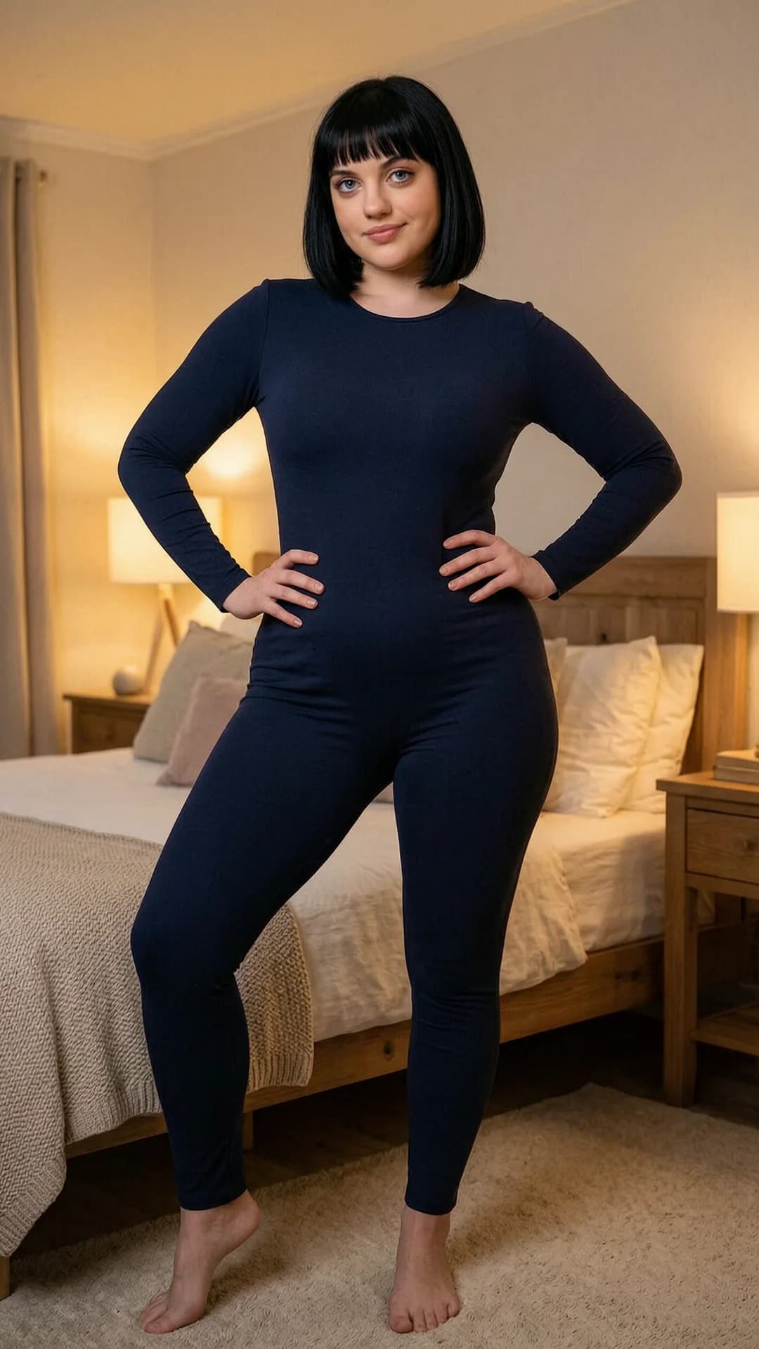 A 21-year-old Caucasian woman with black hair in bangs, blue eyes, and a chubby body type, wearing a stylish fitted jumpsuit that hugs her soft curves and ample figure, standing confidently with hands on hips and weight shifted to one leg in a cozy bedroom setting with warm ambient lighting, plush bedding, and wooden furniture in the background, full body shot from a slight low angle emphasizing her presence, direct eye contact with a confident and empowered expression, lips curved in a subtle smile, realistic style, body physics showing natural weight distribution and fabric tension across her form, Flawless anatomy, no extra digits, no extra limbs, realistic skin texture, high-detail.