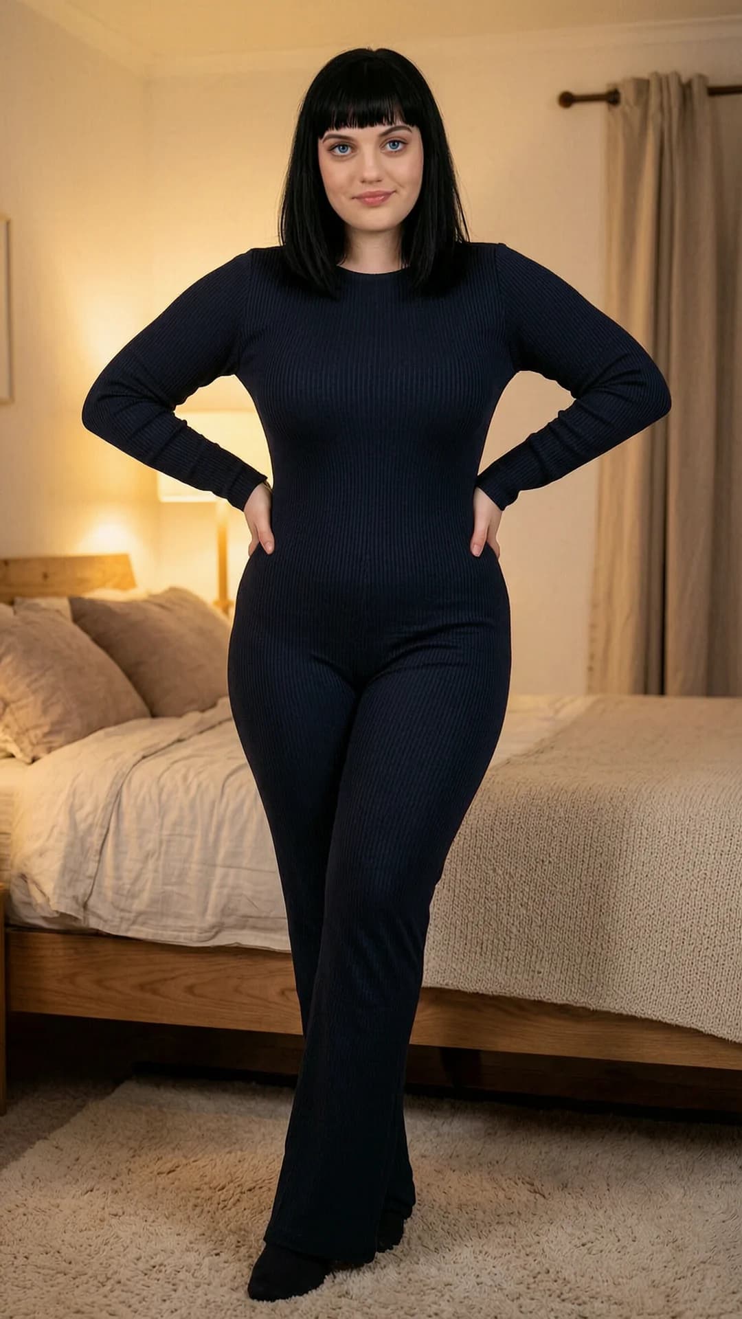 A 21-year-old Caucasian woman with black hair in bangs, blue eyes, and a chubby body type, wearing a stylish fitted jumpsuit that hugs her soft curves and ample figure, standing confidently with hands on hips and weight shifted to one leg in a cozy bedroom setting with warm ambient lighting, plush bedding, and wooden furniture in the background, full body shot from a slight low angle emphasizing her presence, direct eye contact with a confident and empowered expression, lips curved in a subtle smile, realistic style, body physics showing natural weight distribution and fabric tension across her form, Flawless anatomy, no extra digits, no extra limbs, realistic skin texture, high-detail.