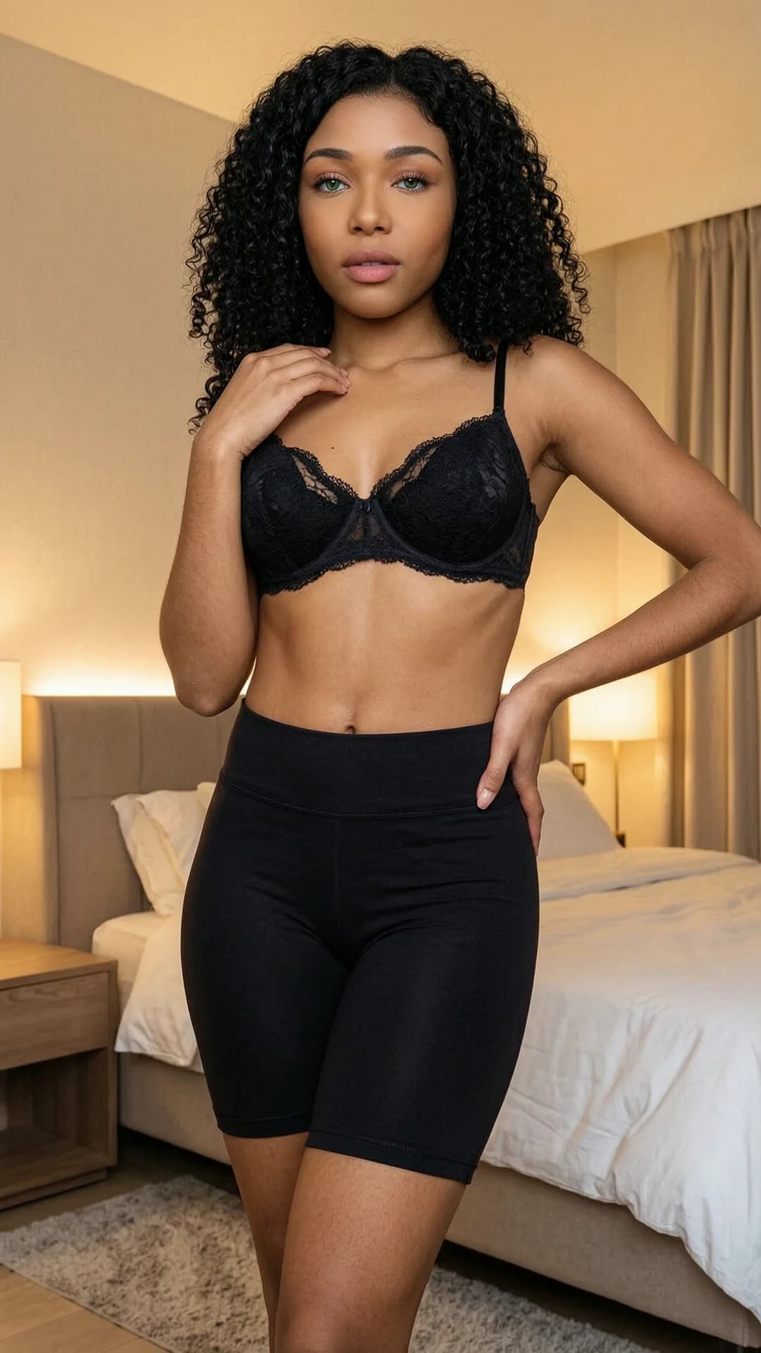 A 21-year-old black woman with a skinny body type, curly black hair, and striking green eyes, wearing a black laced bra and tight black biker shorts that hug her slender hips and thighs, standing confidently in a softly lit modern bedroom with warm ambient lighting casting gentle shadows across her form, posing with one hand resting on her hip and the other lightly touching her collarbone, medium full-body shot from a slight low angle, intense direct eye contact with seductive confidence and lips parted, slender frame highlighting her small perky breasts and flat toned stomach with subtle skin sheen, flawless anatomy, no extra digits, no extra limbs, realistic skin texture, high-detail.