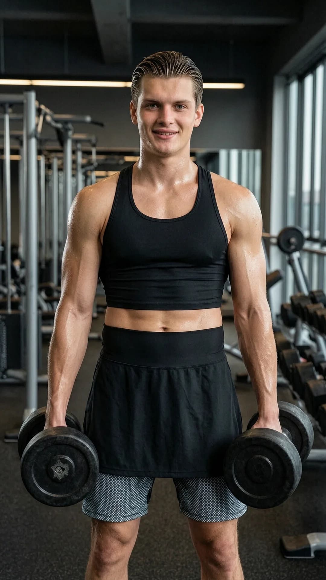 A 24-year-old Caucasian man with slick back brown hair, piercing blue eyes and a wide muscular build, wearing a short black tennis skirt with a tight crop top shirt and stylish swim shorts in beach-ready attire, captured in a medium close-up portrait from a direct front angle in a modern gym filled with exercise equipment, powerfully lifting heavy dumbbells with both arms flexed to display muscular strength, body positioned upright with visible muscle tension and light sweat sheen on skin, direct eye contact with the viewer and a warm confident smile, fitness setting with dramatic gym lighting, Flawless anatomy, no extra digits, no extra limbs, realistic skin texture, high-detail.
