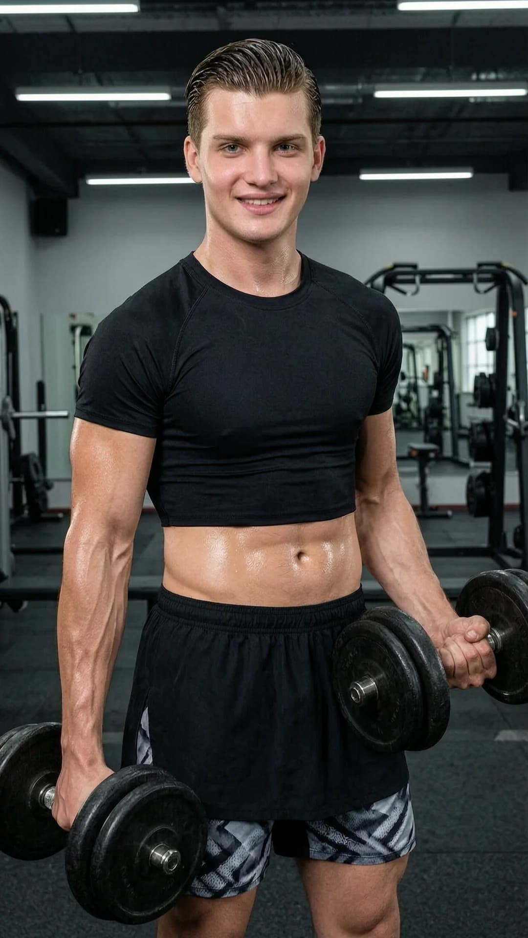 A 24-year-old Caucasian man with slick back brown hair, piercing blue eyes and a wide muscular build, wearing a short black tennis skirt with a tight crop top shirt and stylish swim shorts in beach-ready attire, captured in a medium close-up portrait from a direct front angle in a modern gym filled with exercise equipment, powerfully lifting heavy dumbbells with both arms flexed to display muscular strength, body positioned upright with visible muscle tension and light sweat sheen on skin, direct eye contact with the viewer and a warm confident smile, fitness setting with dramatic gym lighting, Flawless anatomy, no extra digits, no extra limbs, realistic skin texture, high-detail.