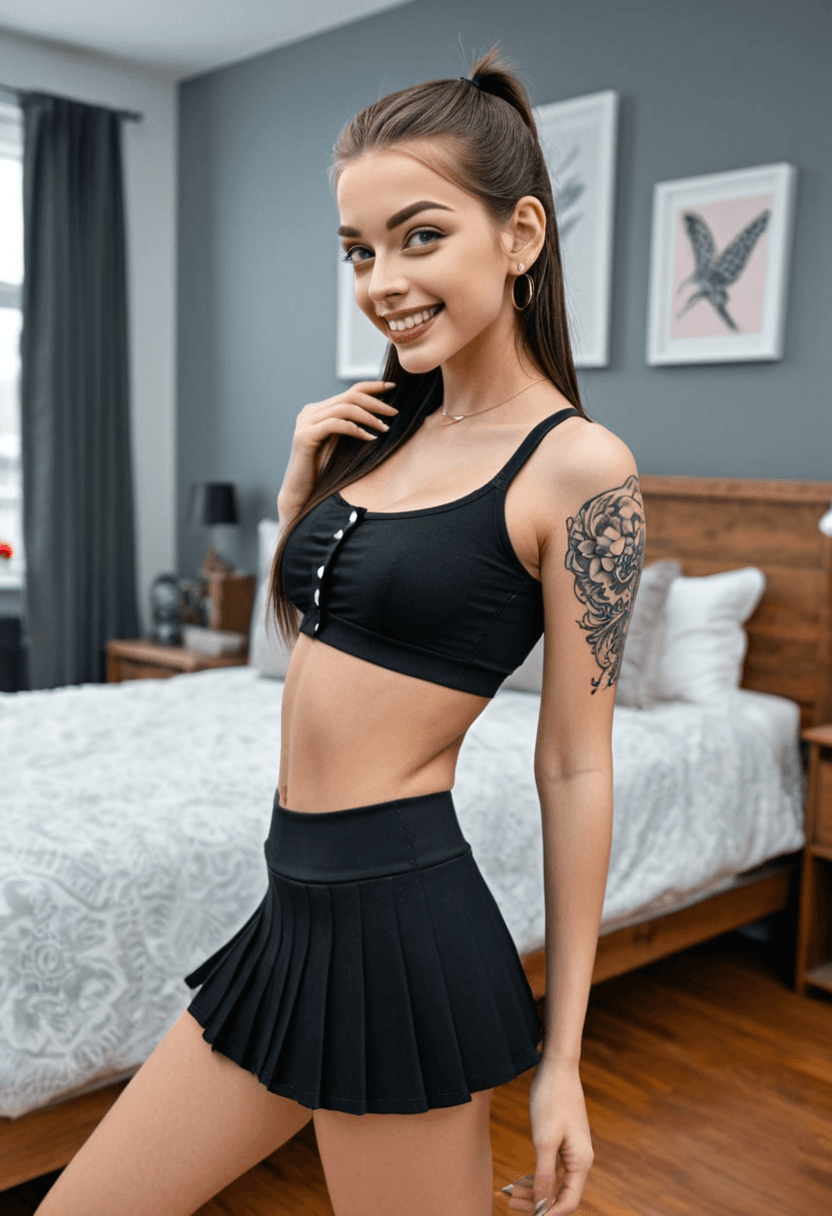 Wearing short black tennis skirt and a crop top shirt, portrait picture, looking at the viewer with a smile, standing confidently, full body shot, with artistic tattoos, wearing beautiful earrings, in a cozy bedroom setting