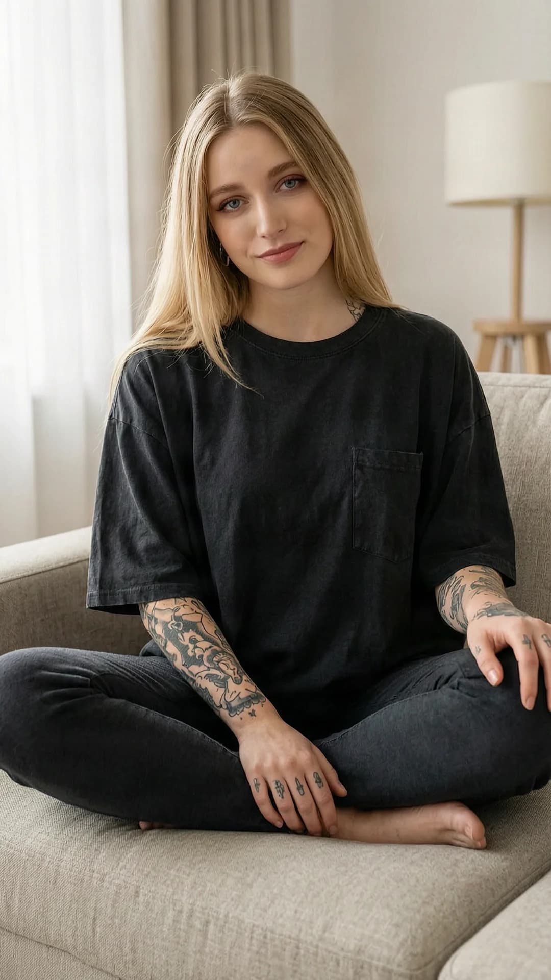 A 21-year-old Caucasian woman with a fit body, straight blonde hair, piercing blue eyes, and intricate tattoos, wearing oversized casual clothes that drape loosely over her frame, sitting relaxed on a modern couch in a softly lit living room with legs tucked beneath her, medium close-up from eye-level front angle with direct confident eye contact toward the viewer and a self-assured expression, lips slightly upturned in quiet dominance, soft natural window lighting highlighting her skin texture and relaxed posture, Flawless anatomy, no extra digits, no extra limbs, realistic skin texture, high-detail.
