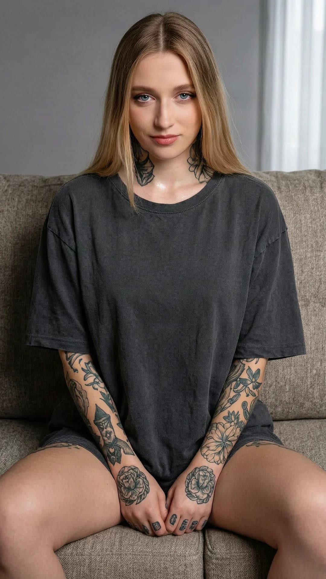 21-year-old blonde Caucasian woman with straight hair, blue eyes, fit toned body covered in tattoos, wearing oversized loose shirt pulled up to fully expose her bare breasts while sitting on the couch with confident posture and shoulders back, strict front-facing eye-level camera angle, intense direct eye contact with the viewer conveying bold confidence and slight smirk, lips parted, perky breasts with visible nipples and natural skin texture, realistic style, nsfw, explicit anatomical detail on exposed chest, body tension and subtle skin sheen, flawless anatomy, no extra digits, no extra limbs, realistic skin texture, high-detail.