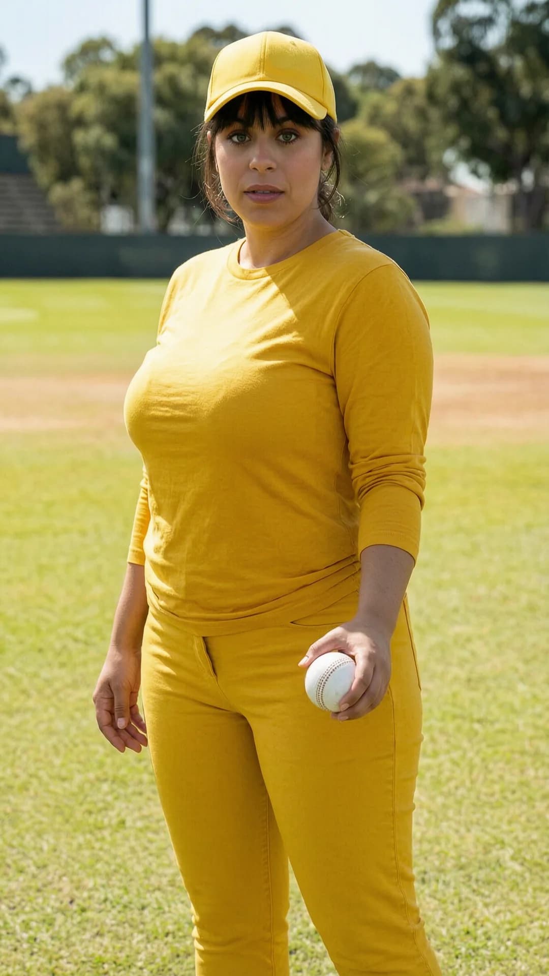 A 29-year-old Latina woman with brunette bangs framing her face, green eyes, and a chubby body type stands on a sunlit cricket field holding a white cricket ball at waist level in her right hand, dressed in a yellow baseball cap, yellow long sleeve T-shirt stretched over her curves and tight yellow trousers hugging her thick thighs and hips, full body view from a three-quarter front angle with natural daylight casting soft shadows, intense direct eye contact with focused determination and lips slightly parted, realistic style, Flawless anatomy, no extra digits, no extra limbs, realistic skin texture, high-detail.