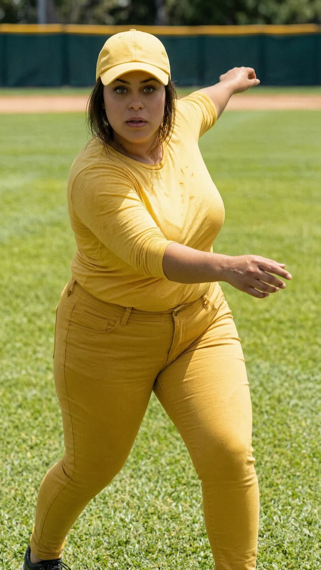 A 29-year-old Latina woman with a chubby body type, brunette hair featuring bangs, and striking green eyes, stands dynamically on a sunlit cricket field in a yellow baseball cap, yellow long-sleeve T-shirt stretched over her soft curves, and tight yellow trousers hugging her thick thighs and hips, captured in the precise moment of bowling with her right arm extended forward in a powerful follow-through swing, left leg planted firmly on the grass, body leaning into the motion with visible muscle tension across her arms and torso, sweat-sheened skin glistening under bright daylight, breasts shifting naturally with the athletic movement, intense forward eye contact with a focused and determined expression, lips slightly parted in concentration, medium full-body shot from a slight low angle on the pitch, lush green grass and distant field boundaries in the background, cinematic natural lighting with sharp shadows, realistic style, Flawless anatomy, no extra digits, no extra limbs, realistic skin texture, high-detail.