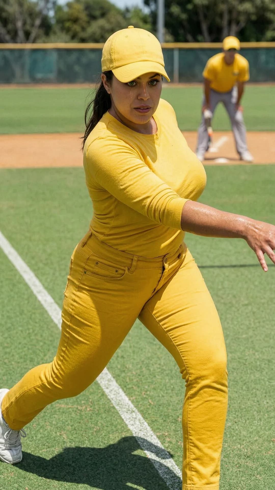 A 29-year-old Latina woman with brunette hair featuring bangs, green eyes, and a chubby body type stands on a sunlit cricket field in realistic style, wearing a yellow baseball cap, yellow long-sleeve T-shirt, and tight yellow trousers that hug her curves, captured in a dynamic bowling pose with one arm extended forward releasing the ball, body twisted in athletic motion, legs planted wide for balance, chubby breasts shifting naturally under the fabric, skin glistening with sweat and muscle tension visible across her arms and thighs, medium close-up from side angle showing the green pitch and distant players in the background, intense focused eye contact directed straight at the viewer with determined concentration and parted lips, bright daylight lighting casting sharp shadows, Flawless anatomy, no extra digits, no extra limbs, realistic skin texture, high-detail.
