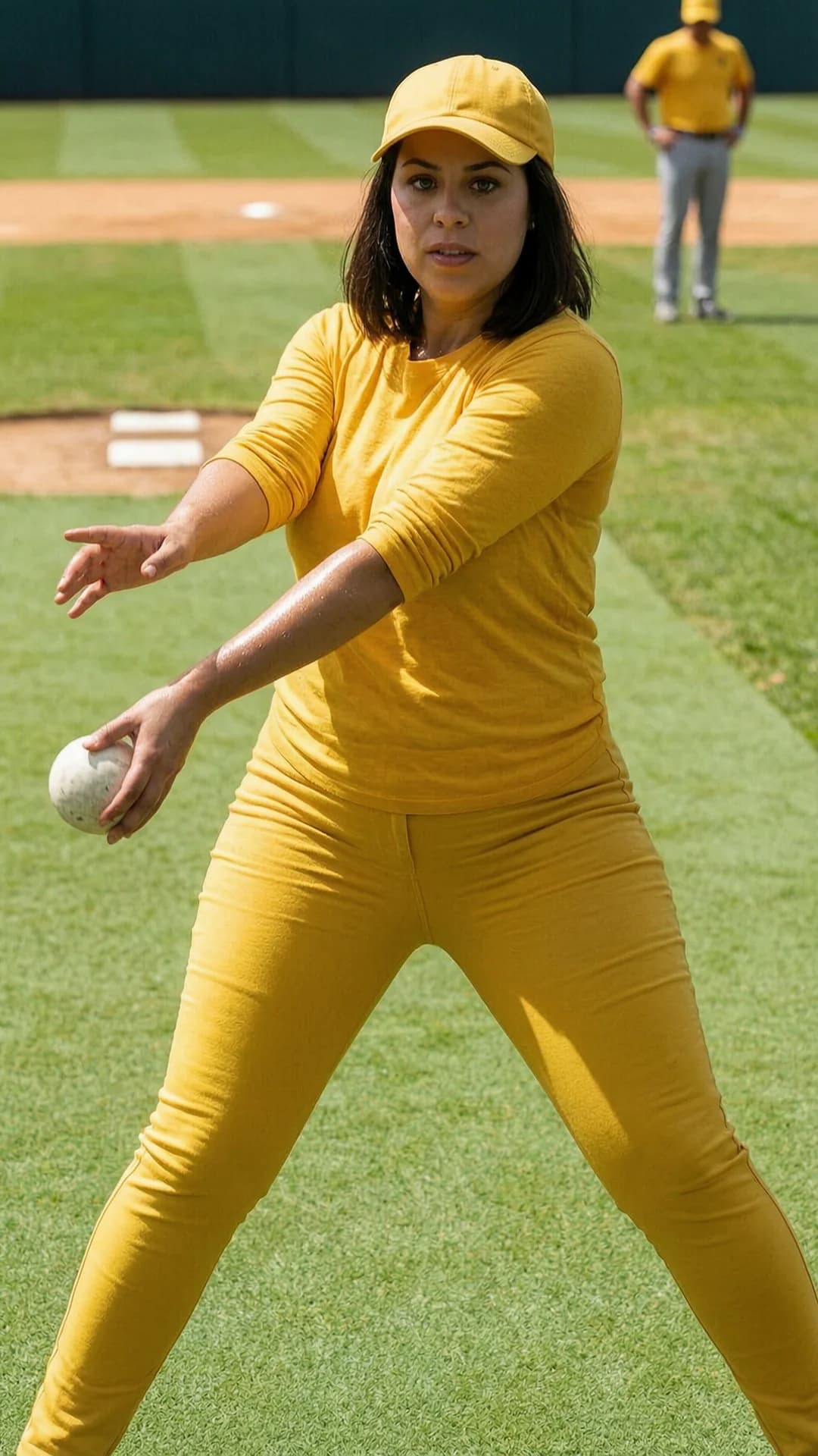 A 29-year-old Latina woman with brunette hair featuring bangs, green eyes, and a chubby body type stands on a sunlit cricket field in realistic style, wearing a yellow baseball cap, yellow long-sleeve T-shirt, and tight yellow trousers that hug her curves, captured in a dynamic bowling pose with one arm extended forward releasing the ball, body twisted in athletic motion, legs planted wide for balance, chubby breasts shifting naturally under the fabric, skin glistening with sweat and muscle tension visible across her arms and thighs, medium close-up from side angle showing the green pitch and distant players in the background, intense focused eye contact directed straight at the viewer with determined concentration and parted lips, bright daylight lighting casting sharp shadows, Flawless anatomy, no extra digits, no extra limbs, realistic skin texture, high-detail.