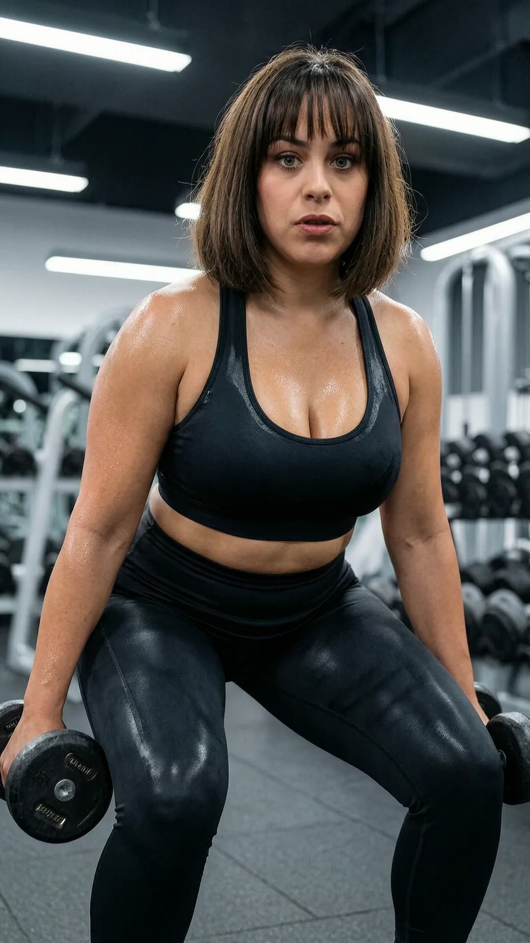 A 29-year-old Latina woman with brunette hair featuring bangs, green eyes, and a chubby body type is captured in a dynamic medium shot from a slight low-angle POV while performing intense dumbbell squats at a modern gym, wearing tight black sports bra and high-waisted leggings that hug her curves with visible sweat-soaked fabric clinging to her skin, her thick thighs tensed and glistening with sweat, heavy breasts shifting with motion, arms flexed holding weights, focused athletic activity under bright overhead fluorescent lighting mixed with dramatic side highlights, intense direct eye contact with the viewer showing determined concentration and exertion with lips slightly parted, realistic style, body sheen and muscle tension evident, Flawless anatomy, no extra digits, no extra limbs, realistic skin texture, high-detail.