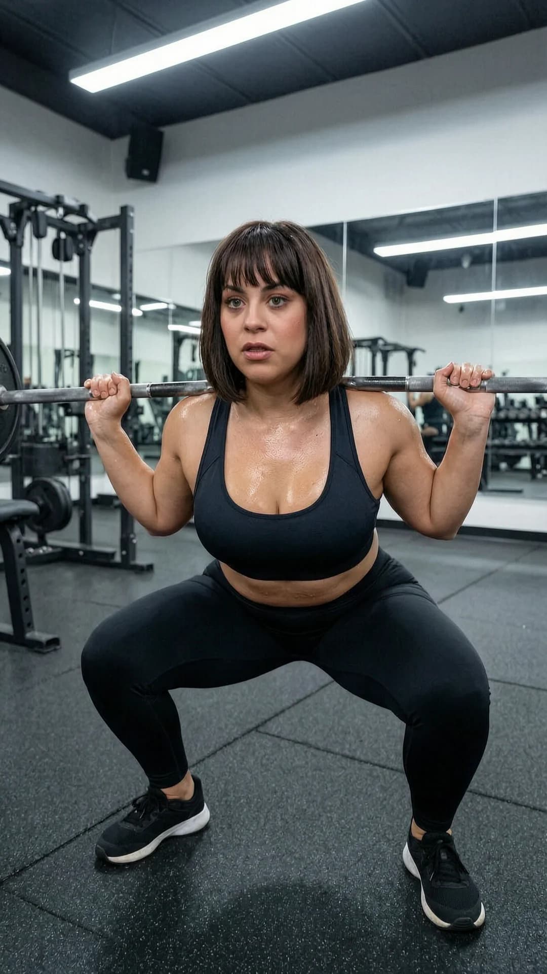 A 29-year-old Latina woman with a chubby body type, brunette hair with bangs, and green eyes, wearing tight black workout leggings and a supportive sports bra that accentuates her curves, is captured in a realistic style while performing intense squats with a barbell at a modern gym, her thick thighs and hips tensed with effort, skin glistening with sweat and showing realistic sheen under bright overhead fluorescent lights, body positioned in a deep squat with knees bent and back straight, breasts resting naturally against the sports bra fabric, from a medium front angle POV looking slightly upward, with intense direct eye contact toward the viewer and a focused determined expression with lips parted from exertion, sweat droplets on her skin and flushed cheeks conveying athletic mood, gym equipment and mirrors visible in the background, Flawless anatomy, no extra digits, no extra limbs, realistic skin texture, high-detail.