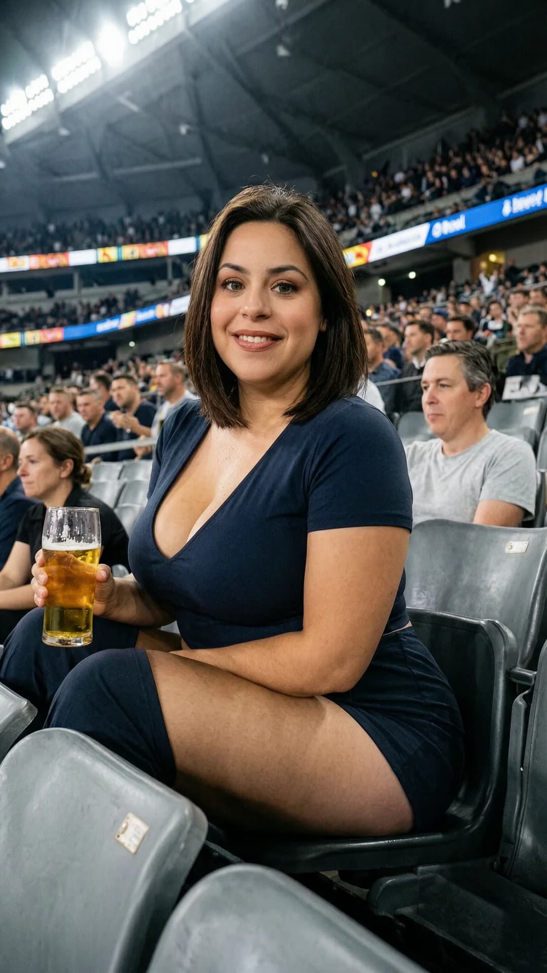 A 29-year-old Latina woman with chubby body type, brunette hair with bangs, green eyes, soft rounded cheeks and full lips, relaxing in a stadium seat while holding a cold beer in one hand, wearing a tight short skirt that rides up slightly on her thick thighs and a low-cut top with plunging neckline revealing deep cleavage, legs parted just enough to rest comfortably with knees angled outward, seated in the middle of a bustling sports stadium under bright overhead floodlights casting sharp highlights on her skin and fabric, direct eye contact with a relaxed contented smile and parted lips conveying casual enjoyment, body leaning back against the seat with natural breast position resting softly against the plunging neckline fabric, subtle skin sheen from ambient warmth, medium close-up from a front three-quarter angle looking slightly downward to emphasize her seated posture and outfit details, cinematic realistic style, Flawless anatomy, no extra digits, no extra limbs, realistic skin texture, high-detail.