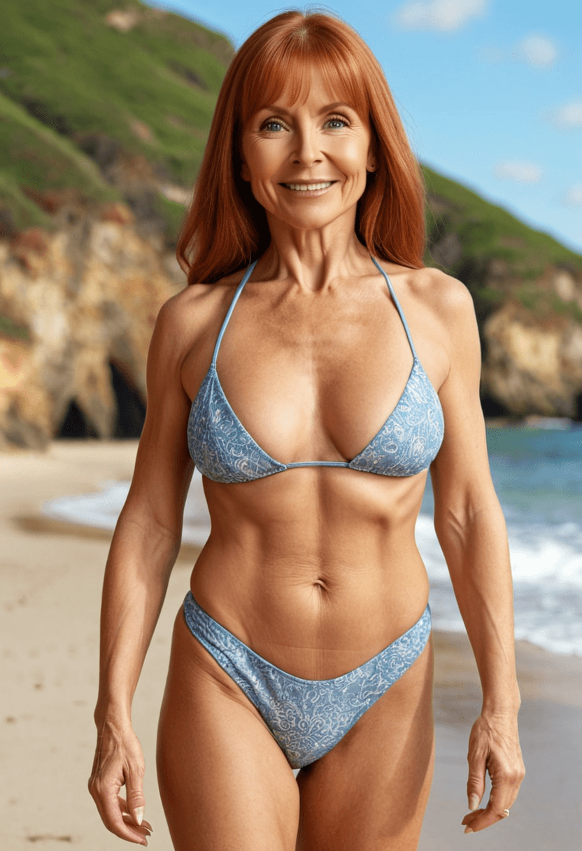 60-year-old caucasian woman, fit body, medium breasts, medium butt, wearing a stylish bikini, standing confidently on the beach, full body shot, realistic style, highly detailed skin texture, natural lighting, sunny beach background, confident pose, detailed face with mature features, wrinkles and age spots visible, silver hair, cyberrealistic, photorealistic, sharp focus, high resolution