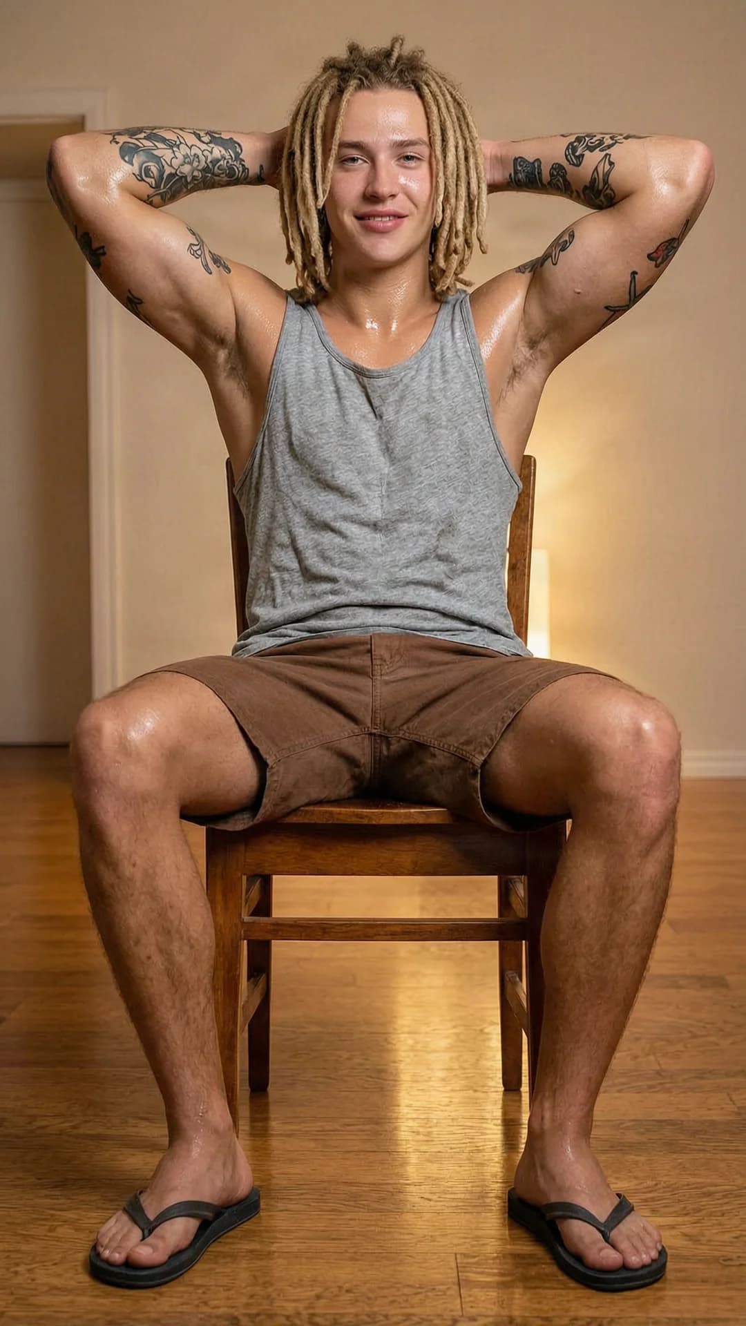 A 21-year-old Caucasian man with blonde dreadlocks, brown eyes, muscular build, and visible tattoos, wearing a grey tank top, brown shorts, and flip flops, sits relaxed on a wooden chair indoors with arms raised and hands clasped behind his head, chest slightly forward, legs apart, skin glistening with sweat and sheen across his muscular torso and arms, muscle tension visible in his shoulders and biceps, direct eye contact with a warm confident smile and lips parted slightly, soft warm indoor lighting casting gentle highlights on his sweaty skin, medium shot from eye-level frontal angle, realistic style, Flawless anatomy, no extra digits, no extra limbs, realistic skin texture, high-detail.