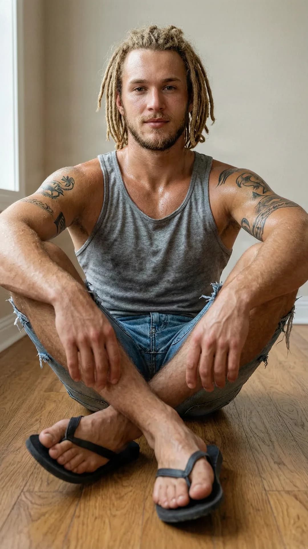 A 21-year-old Caucasian muscular man with blonde dreadlocks, brown eyes, beard and visible tattoos, wearing a grey tank top, torn jean shorts and flip flops, sitting on the floor with legs crossed in an indoor room, full body view from a frontal eye-level angle, sweaty skin with glistening sheen and muscle tension visible across his broad shoulders and arms, soft natural indoor lighting casting subtle shadows, maintaining direct eye contact with a relaxed confident expression, detailed clothing textures and realistic sweat droplets on skin, Flawless anatomy, no extra digits, no extra limbs, realistic skin texture, high-detail.
