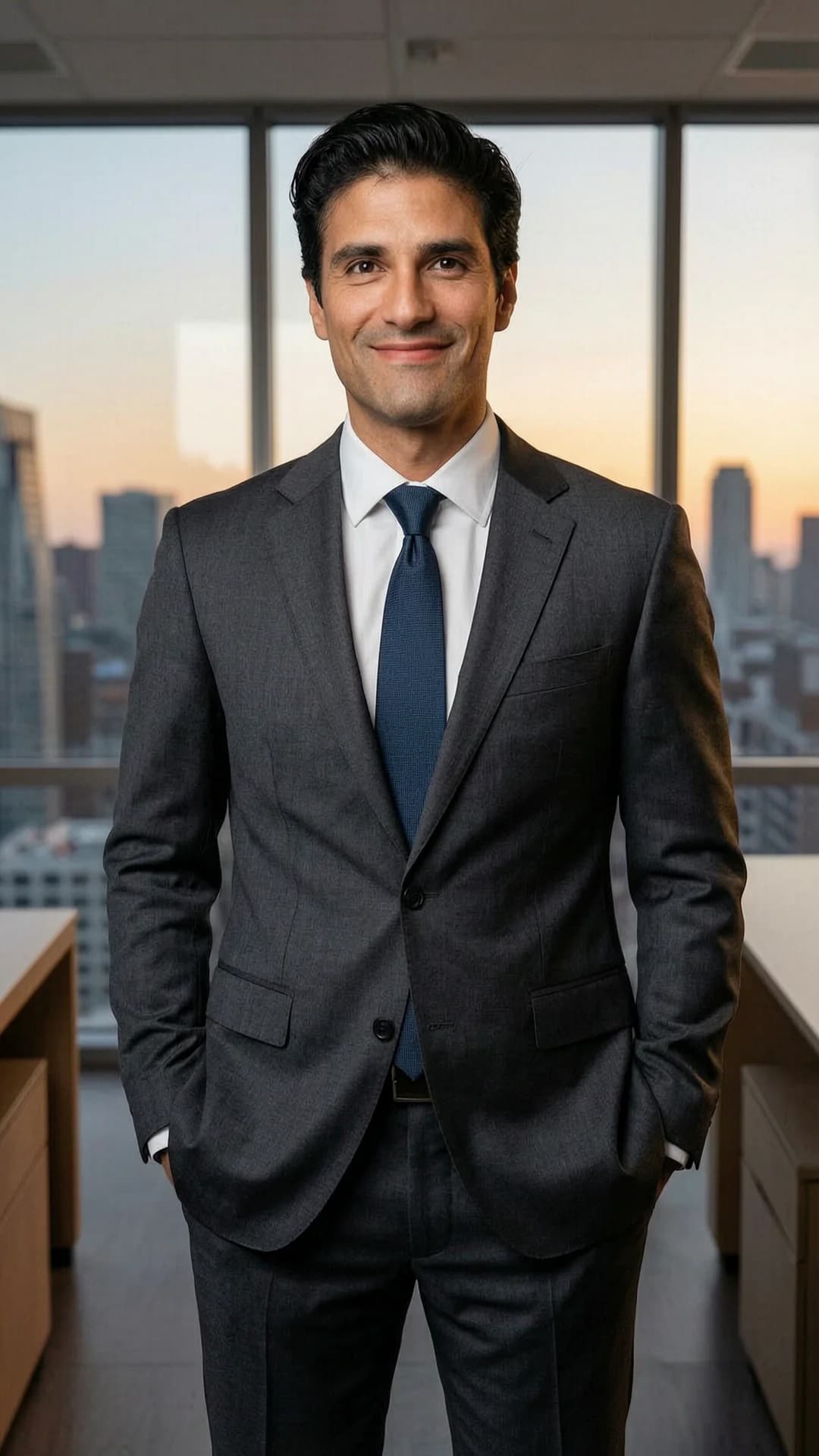 A 42-year-old Latino man with slim body type, short black hair and brown eyes, wearing a tailored business suit with tie and professional attire, standing relaxed with hands in pockets in a casual and approachable pose inside a corporate office with city view at dusk, professional environment, medium close-up portrait from eye-level front angle, looking directly at the viewer with a warm genuine smile, direct eye contact with friendly approachable expression, soft cinematic office lighting highlighting sharp jawline and suit fabric texture, realistic style, body positioned upright with subtle shoulder relaxation, Flawless anatomy, no extra digits, no extra limbs, realistic skin texture, high-detail.