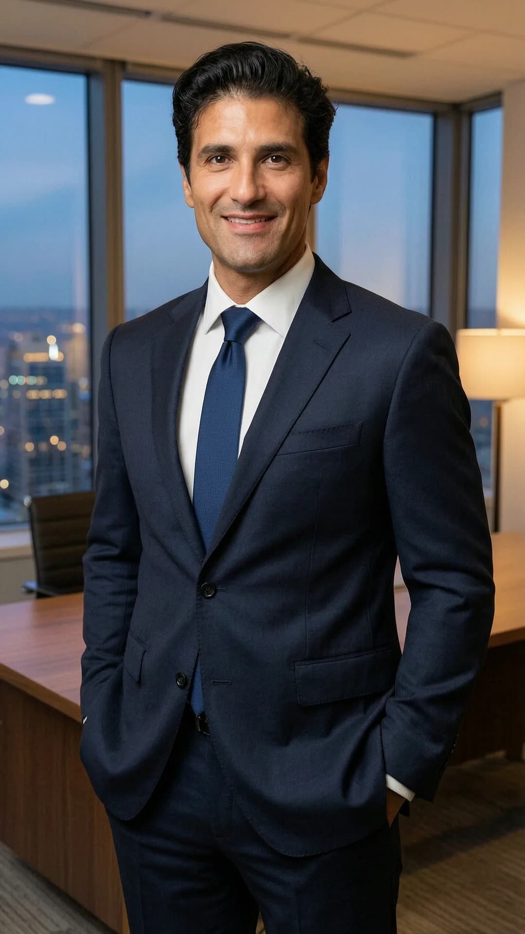 A 42-year-old Latino man with slim body type, short black hair and brown eyes, wearing a tailored business suit with tie and professional attire, standing relaxed with hands in pockets in a casual and approachable pose inside a corporate office with city view at dusk, professional environment, medium close-up portrait from eye-level front angle, looking directly at the viewer with a warm genuine smile, direct eye contact with friendly approachable expression, soft cinematic office lighting highlighting sharp jawline and suit fabric texture, realistic style, body positioned upright with subtle shoulder relaxation, Flawless anatomy, no extra digits, no extra limbs, realistic skin texture, high-detail.