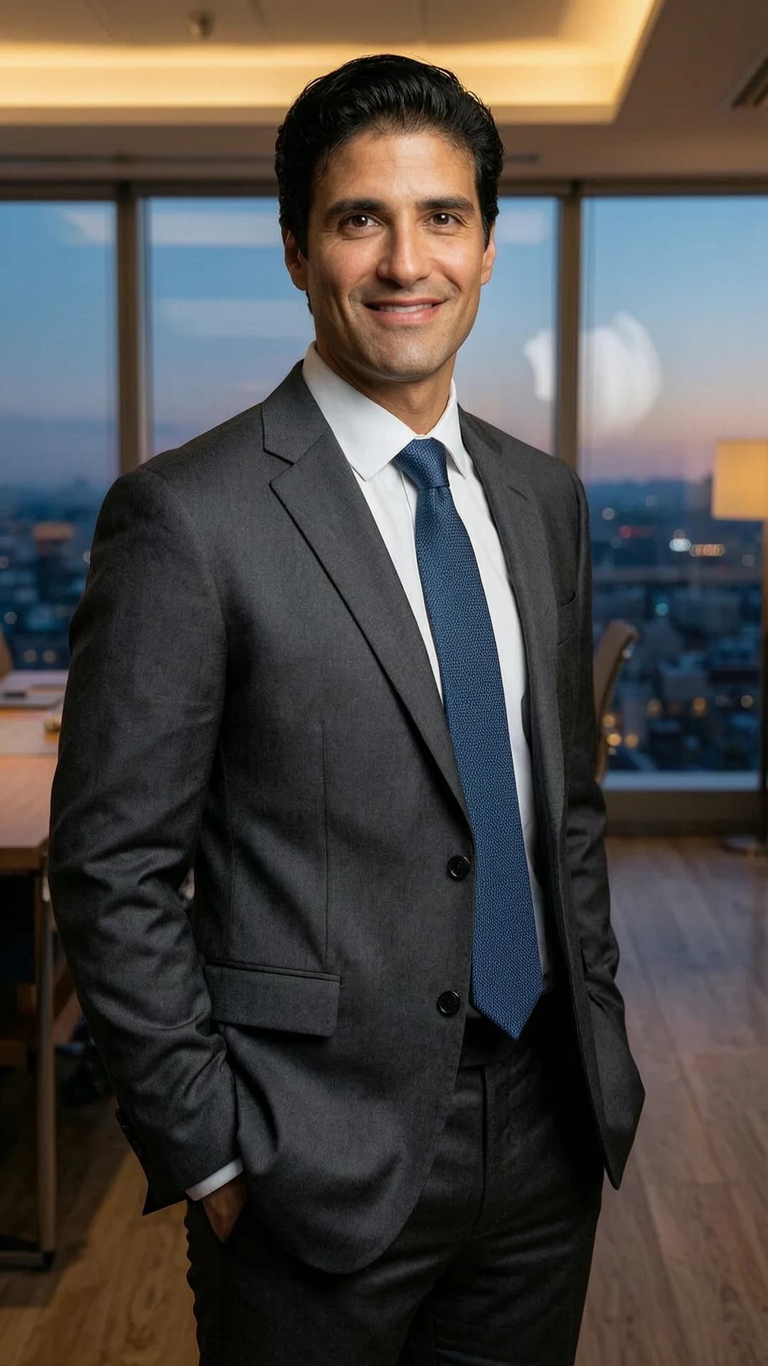 A 42-year-old Latino man with slim body type, short black hair and brown eyes, wearing a tailored business suit with tie and professional attire, standing relaxed with hands in pockets in a casual and approachable pose inside a corporate office with city view at dusk, professional environment, medium close-up portrait from eye-level front angle, looking directly at the viewer with a warm genuine smile, direct eye contact with friendly approachable expression, soft cinematic office lighting highlighting sharp jawline and suit fabric texture, realistic style, body positioned upright with subtle shoulder relaxation, Flawless anatomy, no extra digits, no extra limbs, realistic skin texture, high-detail.
