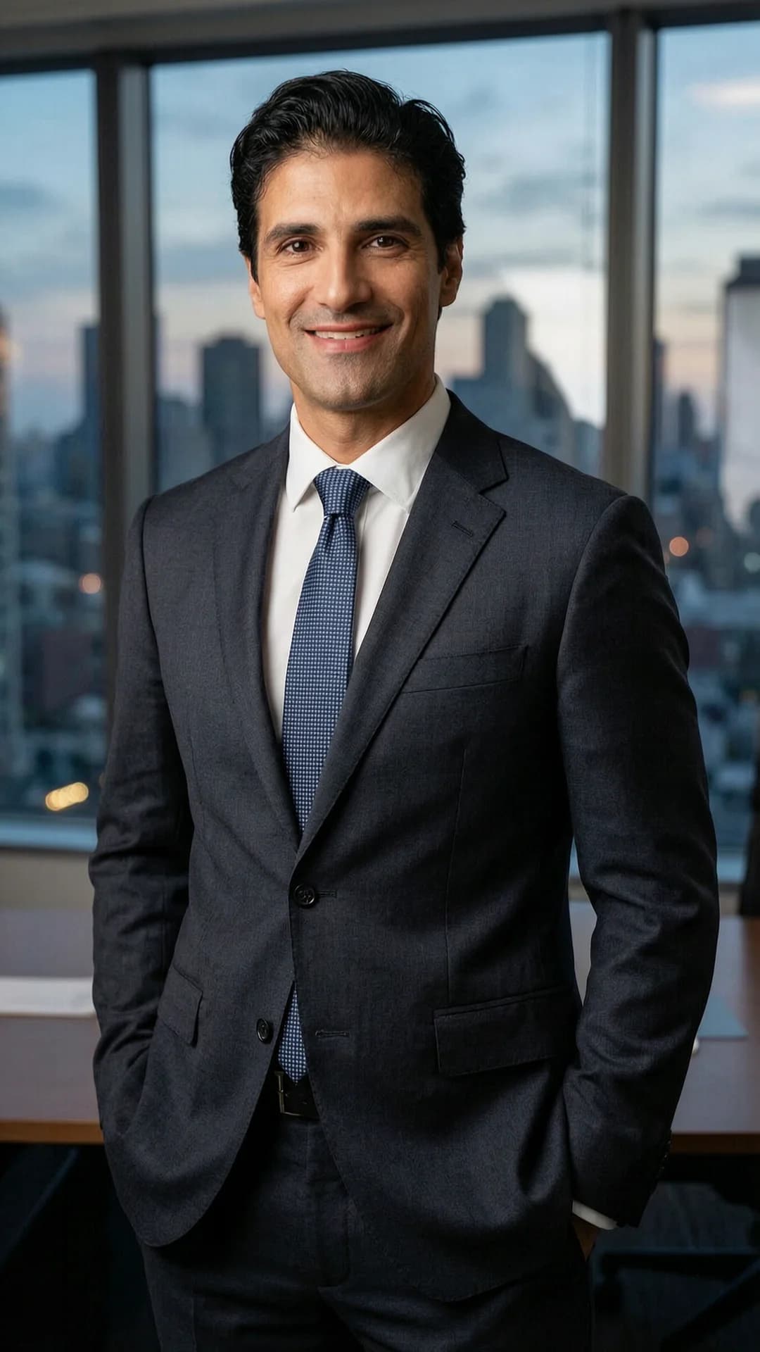 A 42-year-old Latino man with slim body type, short black hair and brown eyes, wearing a tailored business suit with tie and professional attire, standing relaxed with hands in pockets in a casual and approachable pose inside a corporate office with city view at dusk, professional environment, medium close-up portrait from eye-level front angle, looking directly at the viewer with a warm genuine smile, direct eye contact with friendly approachable expression, soft cinematic office lighting highlighting sharp jawline and suit fabric texture, realistic style, body positioned upright with subtle shoulder relaxation, Flawless anatomy, no extra digits, no extra limbs, realistic skin texture, high-detail.