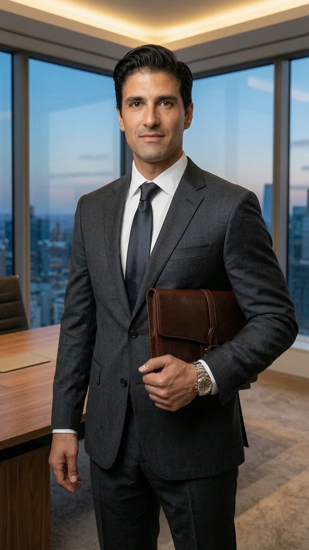 A 42-year-old Latino man with slim build, short black hair, brown eyes, clean-shaven face and styled short hair, standing in a confident power pose inside a sleek modern corporate office with floor-to-ceiling windows overlooking a city skyline at dusk, wearing a perfectly tailored charcoal suit with crisp white shirt and silk tie, expensive watch visible on his wrist, holding a leather portfolio under one arm, medium close-up from eye-level angle with direct intense eye contact conveying authoritative confidence and subtle professional pride, soft natural window light mixed with warm office lighting creating sharp yet flattering shadows on his suit fabric, successful executive appearance, corporate headshot style, flawless anatomy, no extra digits, no extra limbs, realistic skin texture, high-detail.