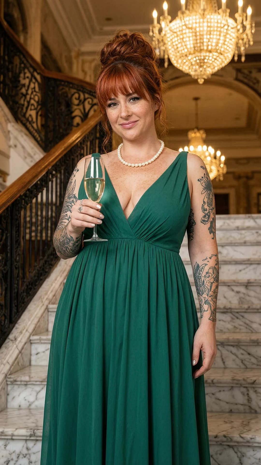 A 35-year-old Caucasian chubby woman with red hair in elegant updo with bangs, brown eyes, freckles across her face and chest, intricate tattoos on arms and shoulders, and nipple piercings subtly outlined beneath fabric, standing confidently on a marble staircase in a luxurious venue with grand chandelier lighting casting glamorous highlights, wearing a light flowy summer dress in emerald tones that drapes elegantly over her curves with pearl jewelry accenting her neckline, holding a champagne glass in one hand, body angled slightly toward viewer with relaxed yet confident posture, medium close-up from a low three-quarter angle looking up, intense direct eye contact with the viewer conveying sophisticated allure and quiet confidence, lips gently curved in a subtle smile, flawless anatomy, no extra digits, no extra limbs, realistic skin texture, high-detail.
