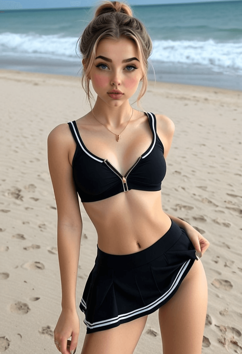 Wearing short black tennis skirt and a crop top shirt, portrait picture, looking at the viewer with a smile, wearing a stylish bikini on the beach, wearing an elegant knee-length skirt