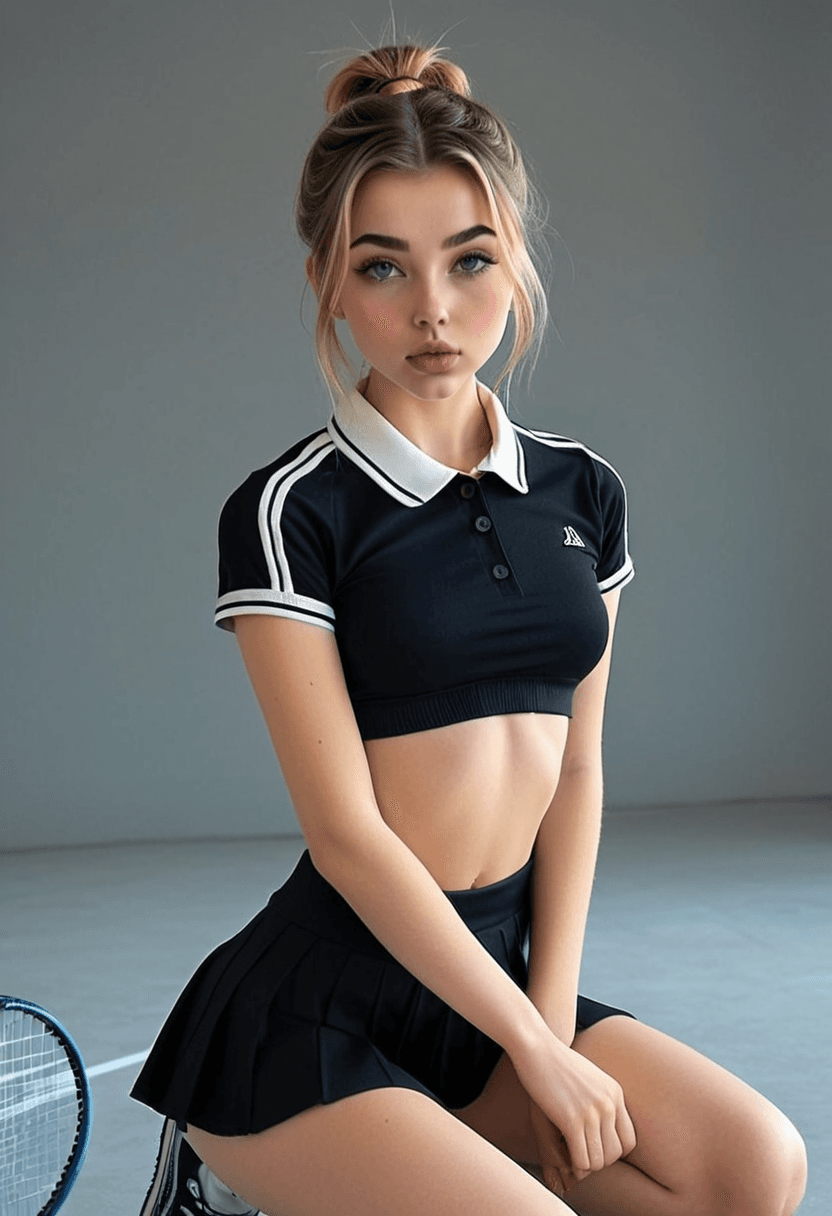 Wearing short black tennis skirt and a crop top shirt, portrait picture, looking at the viewer with a smile, squatting position, athletic pose