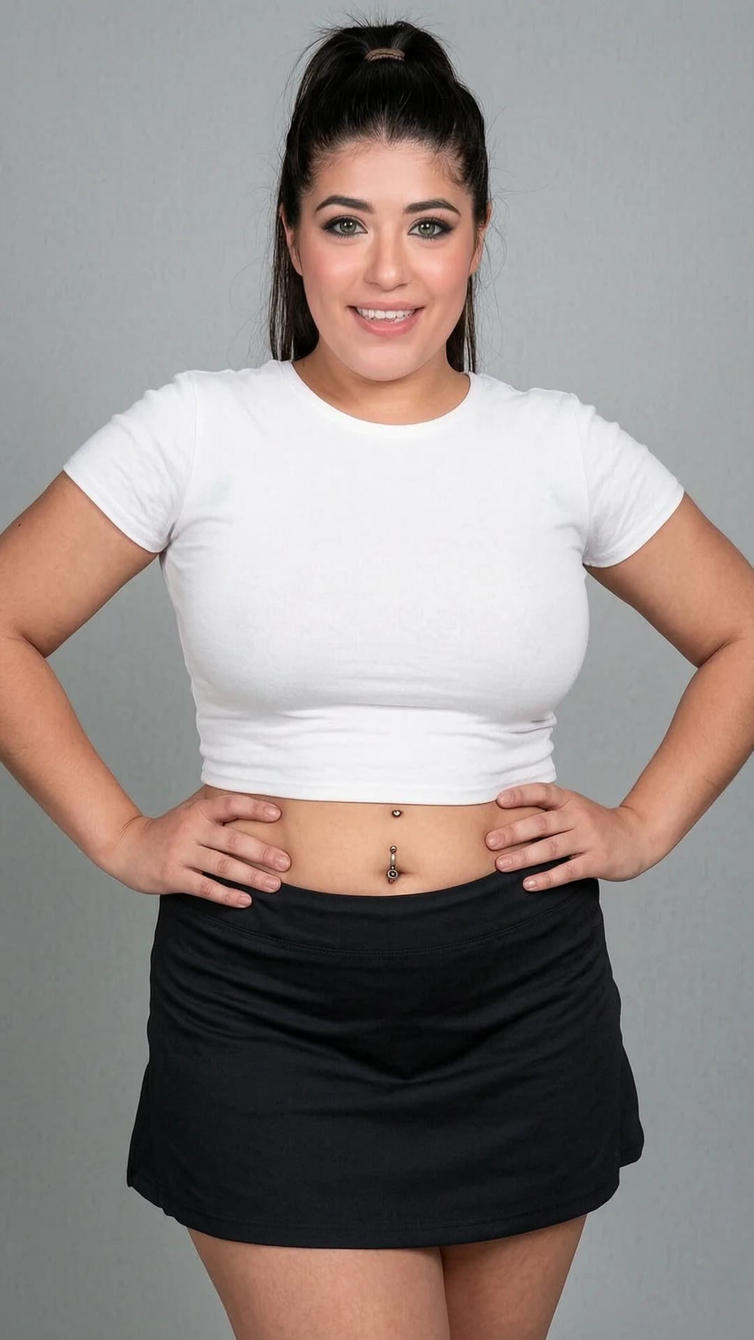 A 24-year-old Latina woman with a chubby body type, brunette hair tied in a high ponytail, striking green eyes, wearing a tight white crop top shirt that exposes her midriff and a short black tennis skirt, visible belly piercing and nipple piercings subtly outlined beneath the fabric, standing in a neutral studio portrait setting with soft diffused lighting, medium close-up frontal camera angle at eye level, direct intense eye contact with the viewer and a warm genuine smile, lips slightly parted, confident upright posture with hands resting lightly on her hips, realistic style, flawless anatomy, no extra digits, no extra limbs, realistic skin texture, high-detail.