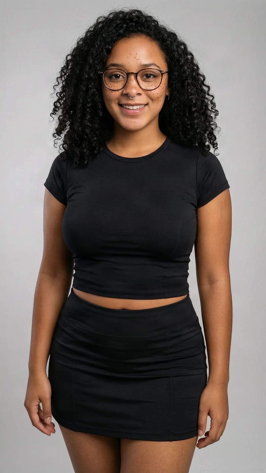 A 22-year-old black woman with a chubby body type, curly black hair, brown eyes, freckles across her cheeks, and wearing glasses, dressed in a short black tennis skirt and a fitted crop top shirt, standing in a neutral studio setting for a realistic portrait picture, soft diffused lighting highlighting her skin texture and curves, direct eye contact with the viewer and a warm genuine smile with lips parted slightly, relaxed upright pose with shoulders back, close-up front angle portrait focusing on her face and upper body, Flawless anatomy, no extra digits, no extra limbs, realistic skin texture, high-detail.