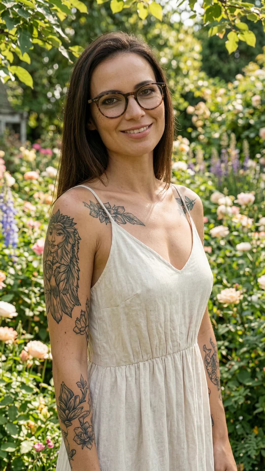 A 34-year-old Caucasian woman with a fit body, straight brunette hair, brown eyes, freckles across her cheeks, artistic tattoos on her arms and shoulders, and stylish glasses, wearing a light flowy summer dress that gently clings to her form, standing in a beautiful garden filled with blooming flowers, captured in a medium close-up portrait from a direct front angle at eye level, posing with relaxed shoulders and a slight head tilt, looking at the viewer with a bright genuine smile and warm inviting eye contact, soft natural sunlight filtering through the foliage creating gentle highlights on her skin and fabric, serene and joyful mood, Flawless anatomy, no extra digits, no extra limbs, realistic skin texture, high-detail.